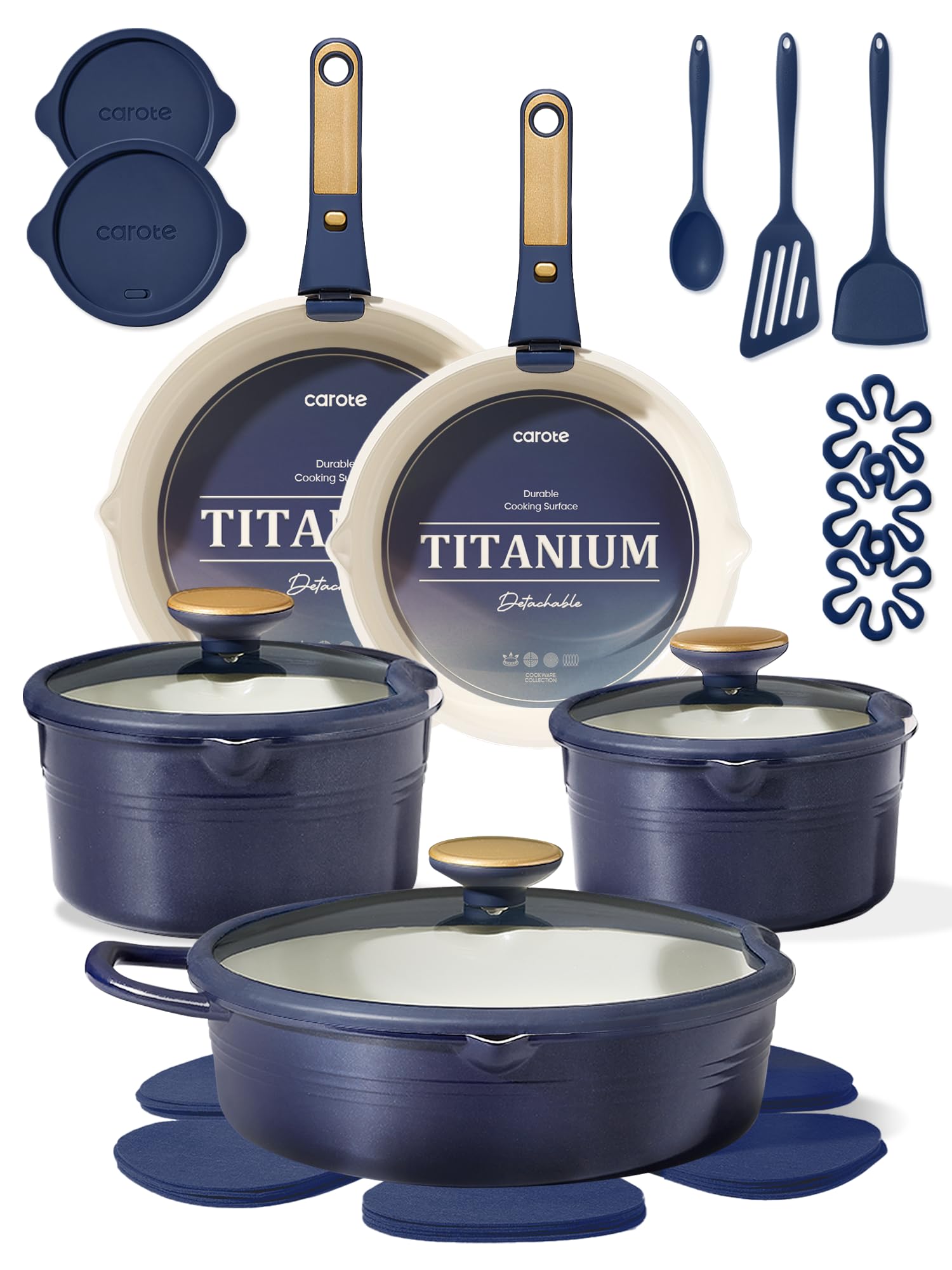 CAROTE 20Pcs Titanium Cookware Set, Pots and Pans Set Non Stick, Kitchen Cooking Set with Detachable Handle, Non Toxic Induction Cookware, Dishwasher/Oven Safe