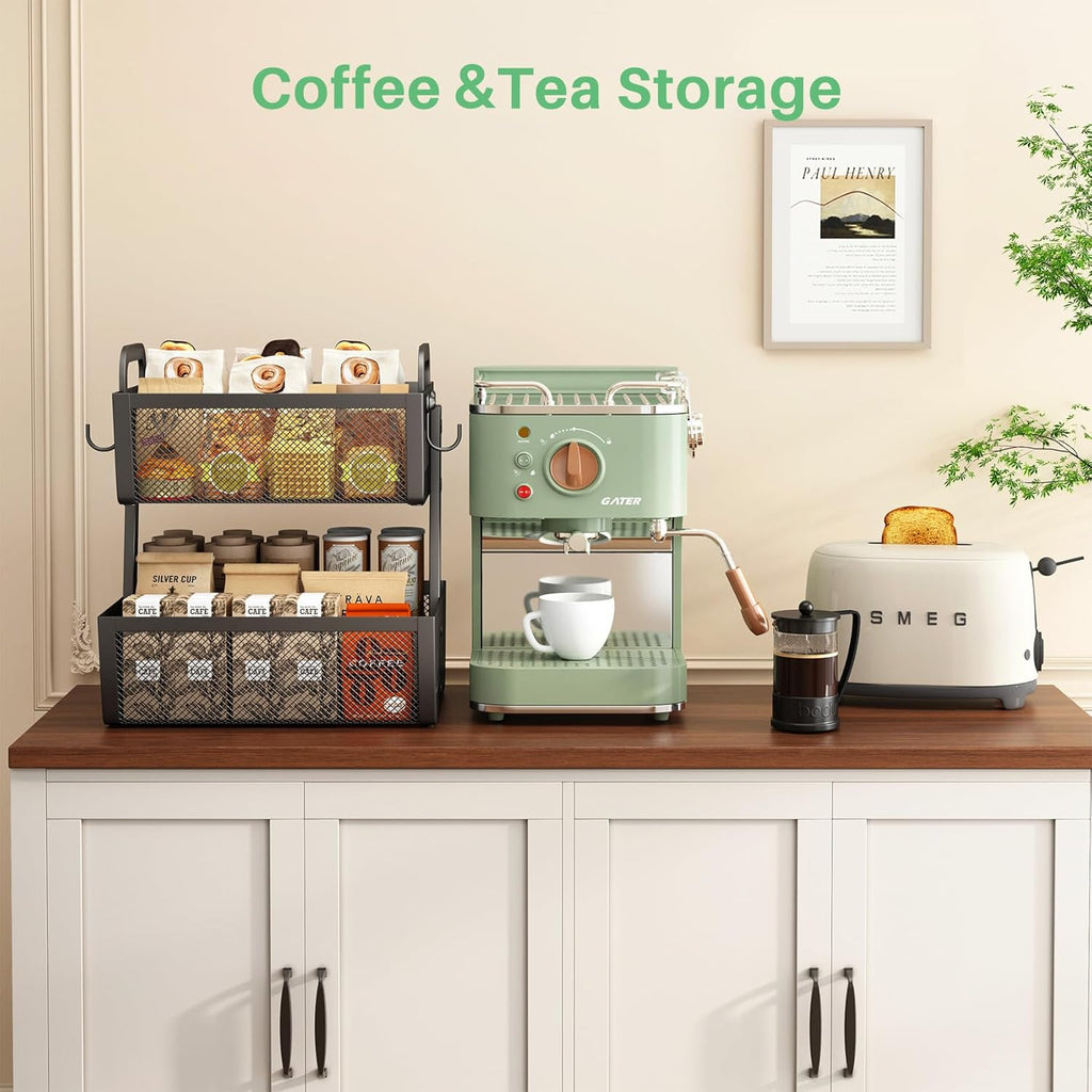 SAYZH Fruit Basket Bowls For Kitchen Counter with Banana Hangers - Detachable Metal Mesh Basket Fruit Stand with Handle - Kitchen Vegetables Bread Snacks Storage Organization, 2 Tier Black