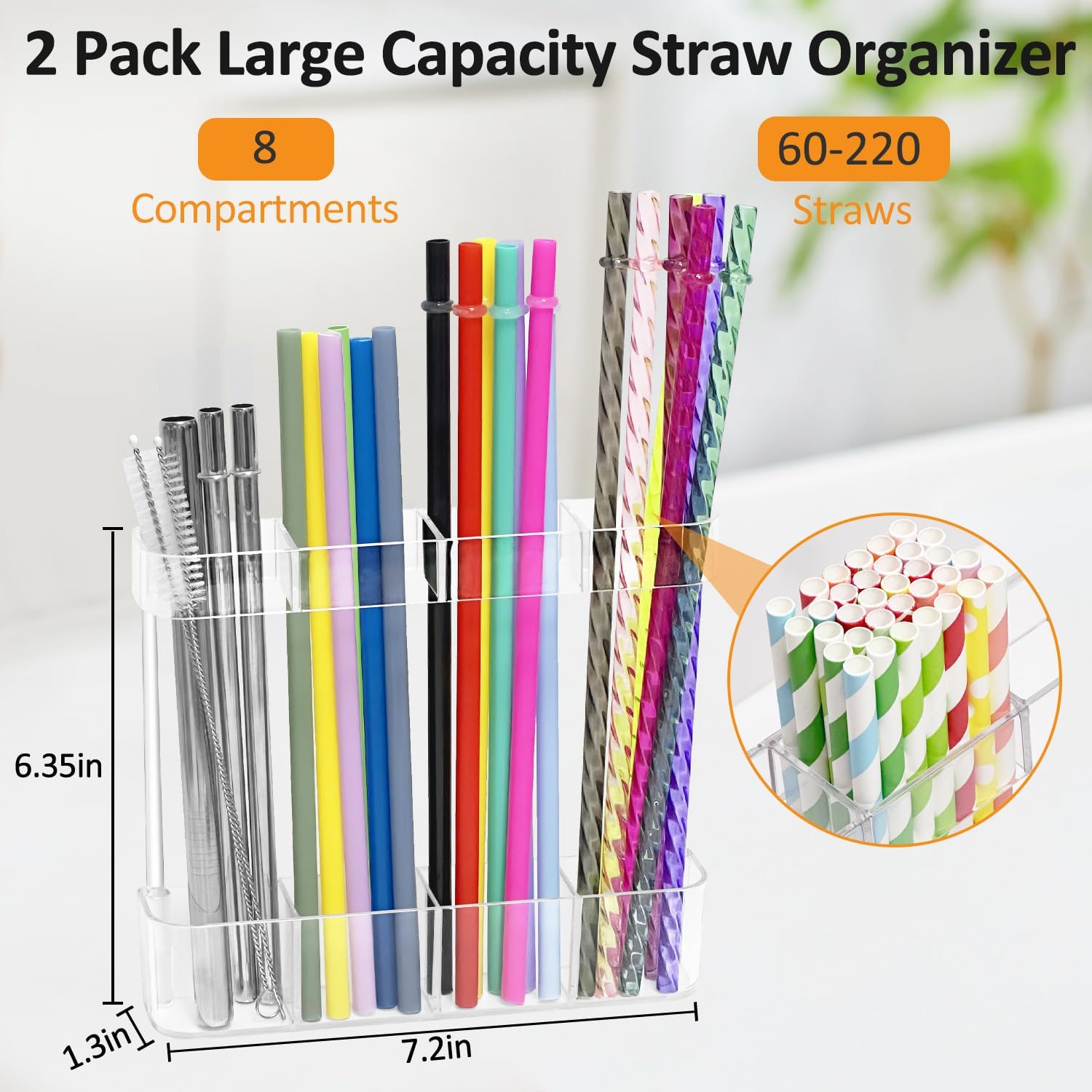 2 PACK Acrylic Straw Holder for Cabinet Door - Reusable Tumbler Straw Organizer Storage Dispenser with Ultra Sticky Adhesive Strips, Small Kitchen Accessories Container for Kitchen Cupboard Door