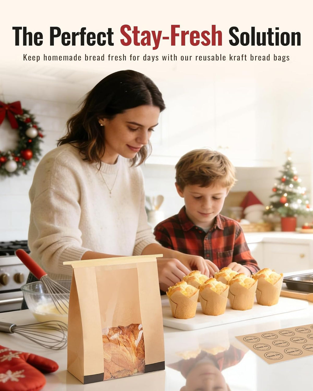 100Pcs Paper Bread Bags for Homemade Bread, 14 x 8.3 x 3.5 Inch Sourdough Bags with Tin Tie Tab Lock, Large Bread Storage Bags, Includes 126 Cute Seal Stickers