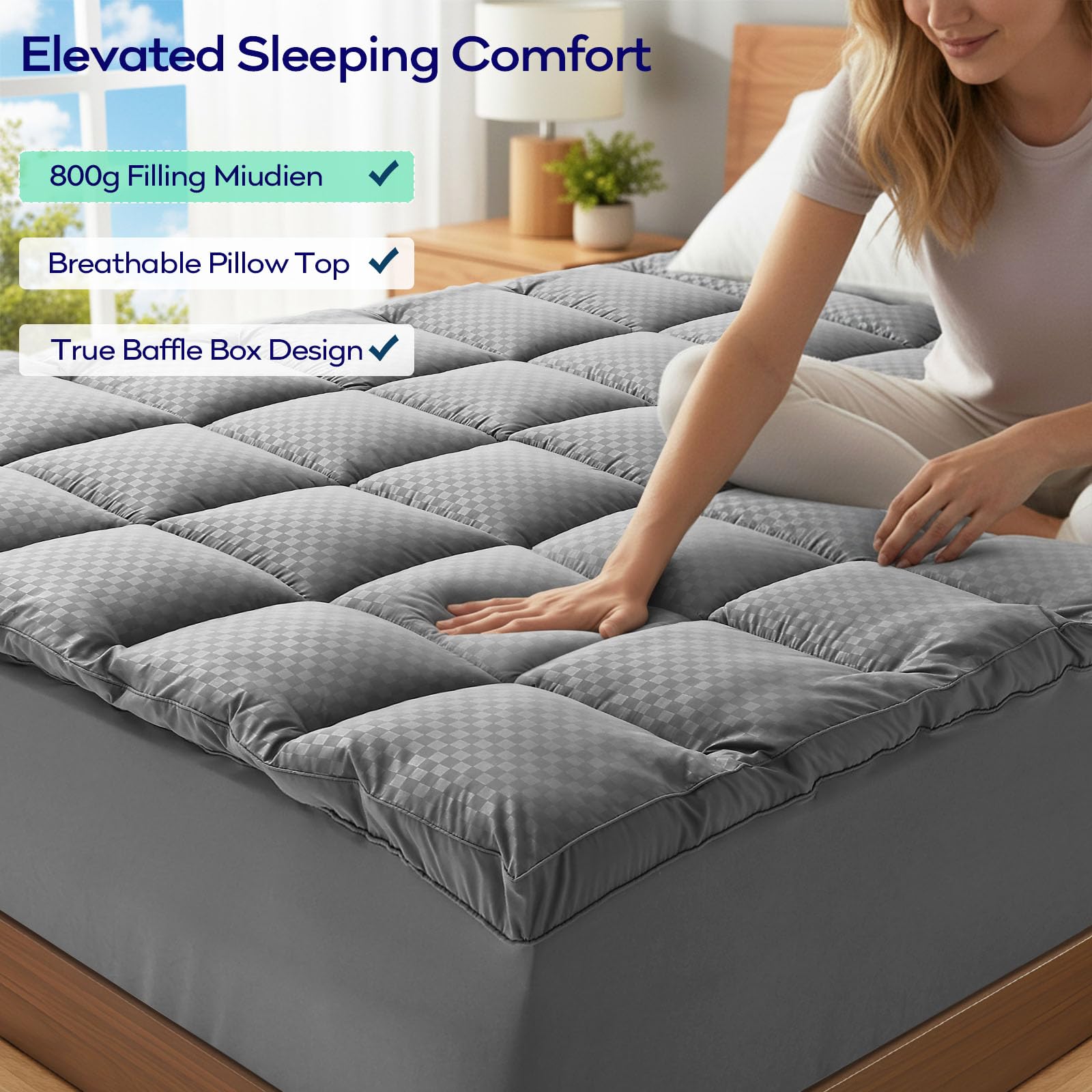 OLANLY Dual-Layer 4 Inch Queen Size Memory Foam Mattress Topper for Back Pain, 2 Inch Cooling Pillow Top Mattress Pad Cover and 2 Inch Gel Memory Foam Topper, Deep Elastic Pocket, Grey