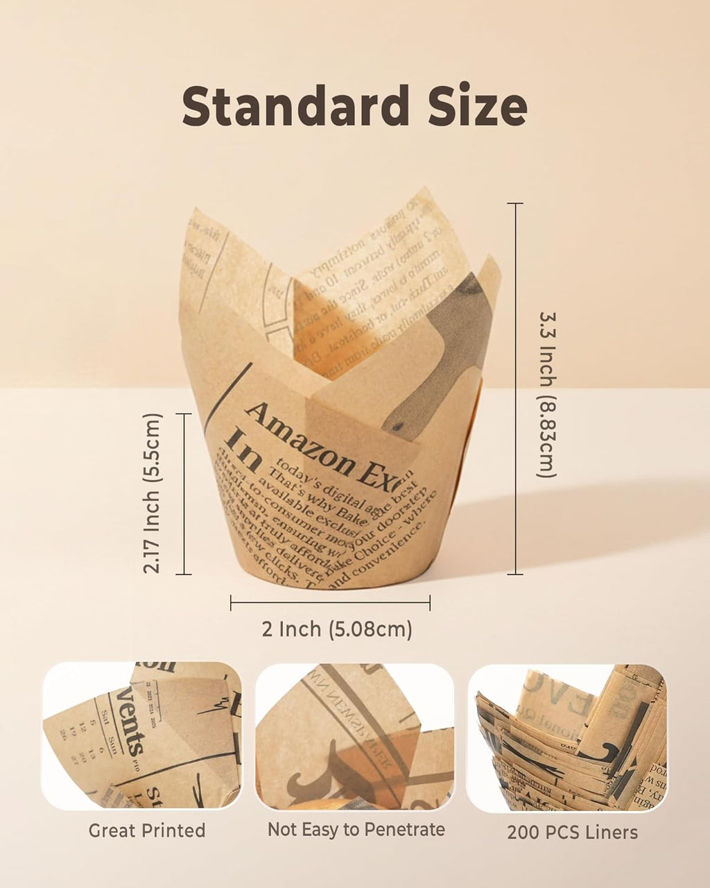 200pcs Standard Tulip Cupcake Liners for Baking, Newspaper Print Parchment Paper Muffin Liners, Grease Resistant Cupcake Wrappers for Parties, Weddings, Birthdays