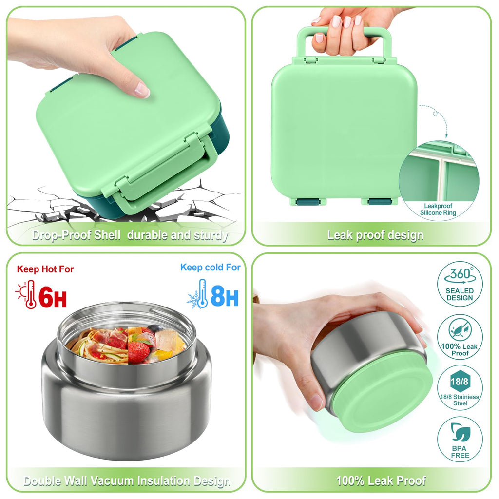 Kids Bento Lunch Box with 9oz Soup Thermo Leakproof Lunch Food Containers 4 Compartment with Insulated Hot Food Jar for Kid Toddler Girls Boys to School Trvael