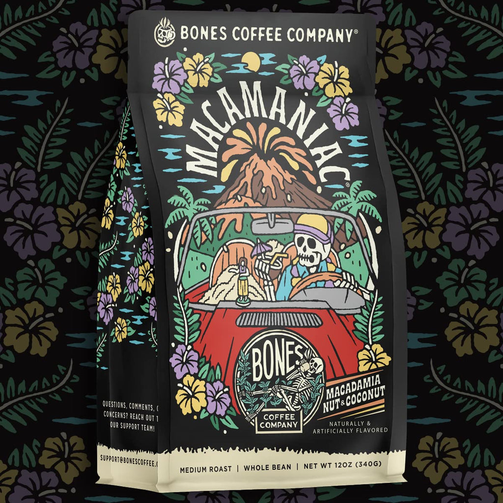 Bones Coffee Company Highland Grog, Butterscotch Caramel Flavored Coffee, Medium Roast Low Acid Arabica Beans Compatible with Auto drip and French Press Coffee Maker, 12 Oz Ground