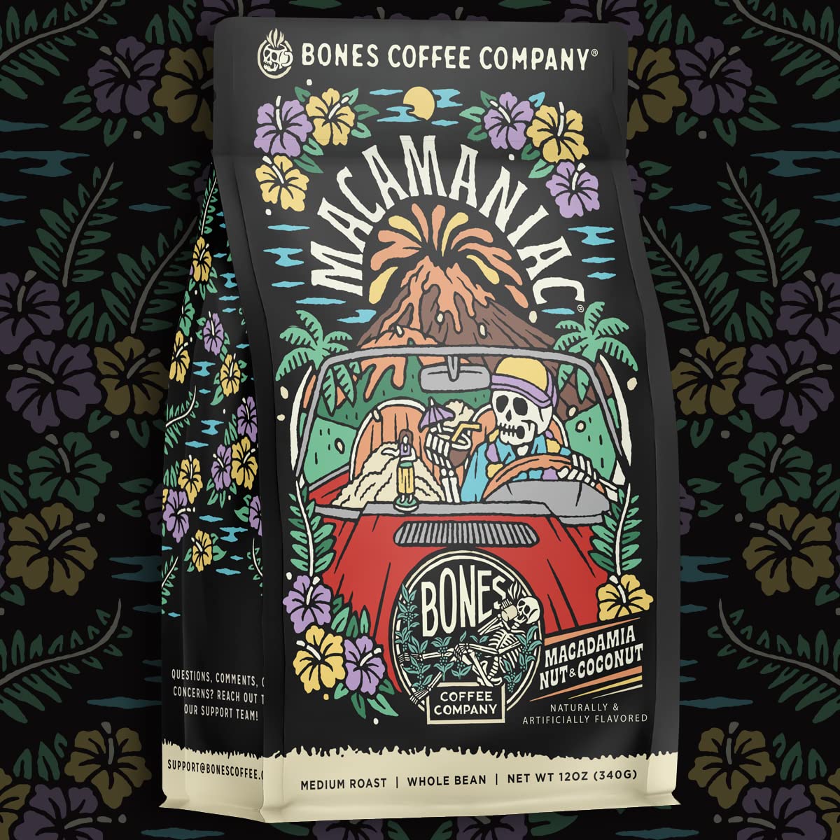 Bones Coffee Company Highland Grog, Butterscotch Caramel Flavored Coffee, Medium Roast Low Acid Arabica Beans Compatible with Auto drip and French Press Coffee Maker, 12 Oz Ground
