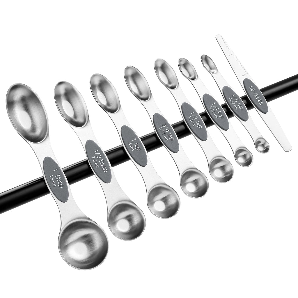 Spring Chef Stainless Steel Magnetic Measuring Spoons Set with Strong N45 Magnets, Heavy Duty Metal Kitchen Gadgets for Baking & Cooking, Fits in Most Kitchen Spice Jars, Set of 8 with Leveler, Black