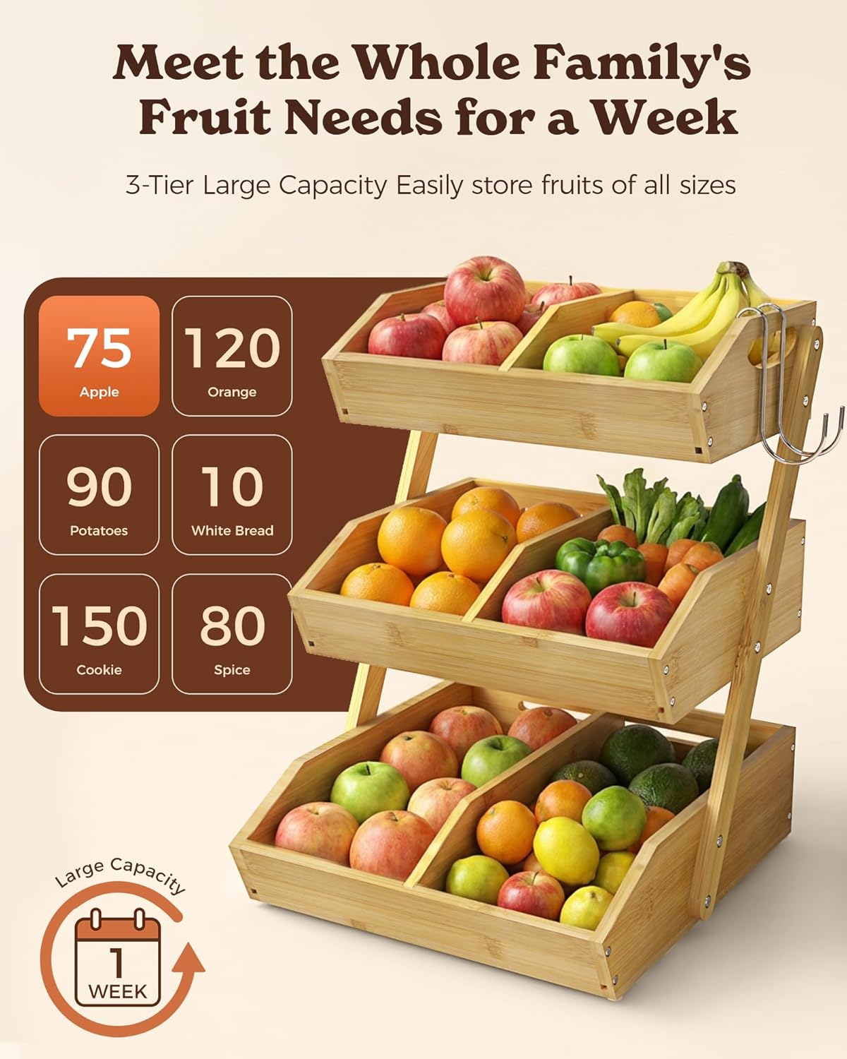 3 Tier Wooden Fruit Basket with 2 Mobile Banana Holders, 3 Pack L-Shaped Pull Out Under Sink Organizers