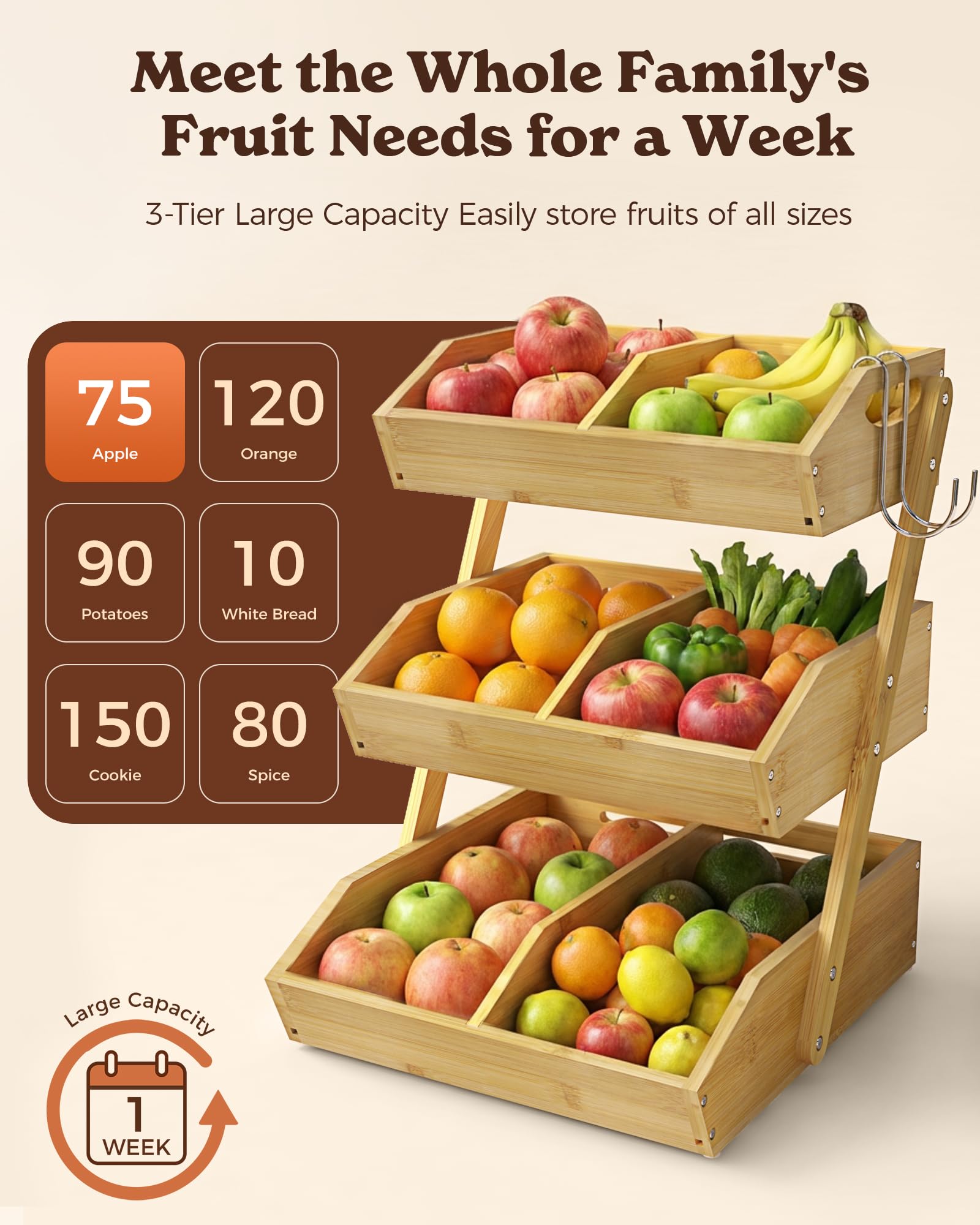 3 Tier Large Bamboo Fruit Basket for Kitchen Counter with 2 Banana Holders, Kitchen Countertop Organizer with Protective Mats, Tiered Fruit Bowl for Bread Snack Veggies with Dividers