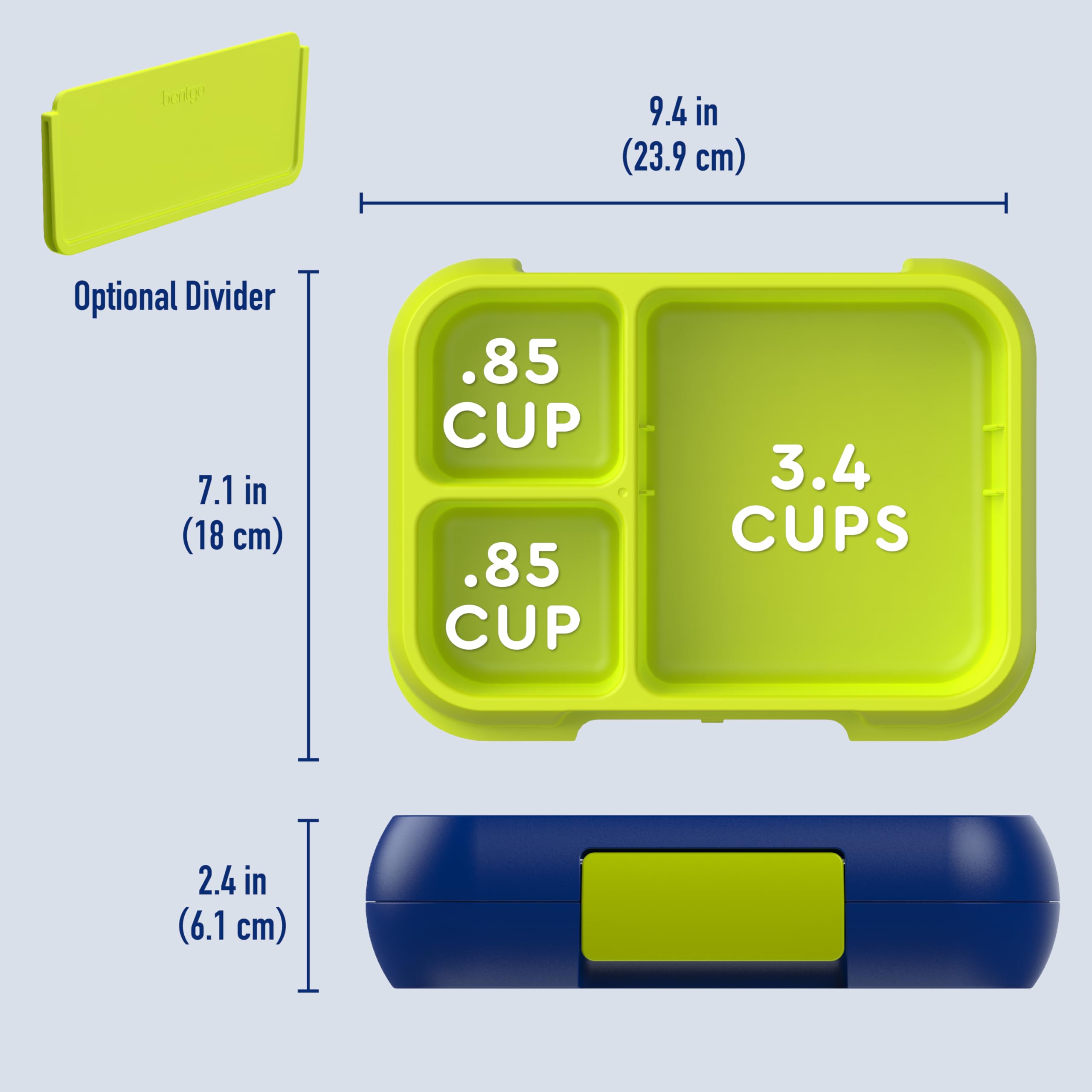 Bentgo Pop - Leak-Proof Lunch Box & Removable Divider for Ages 8+ & Teens - Lunch Container Holds 5 Cups of Food; 3-4 Compartments; Microwave/Dishwasher Safe; 2 Year Warranty (Navy Blue/Chartreuse)