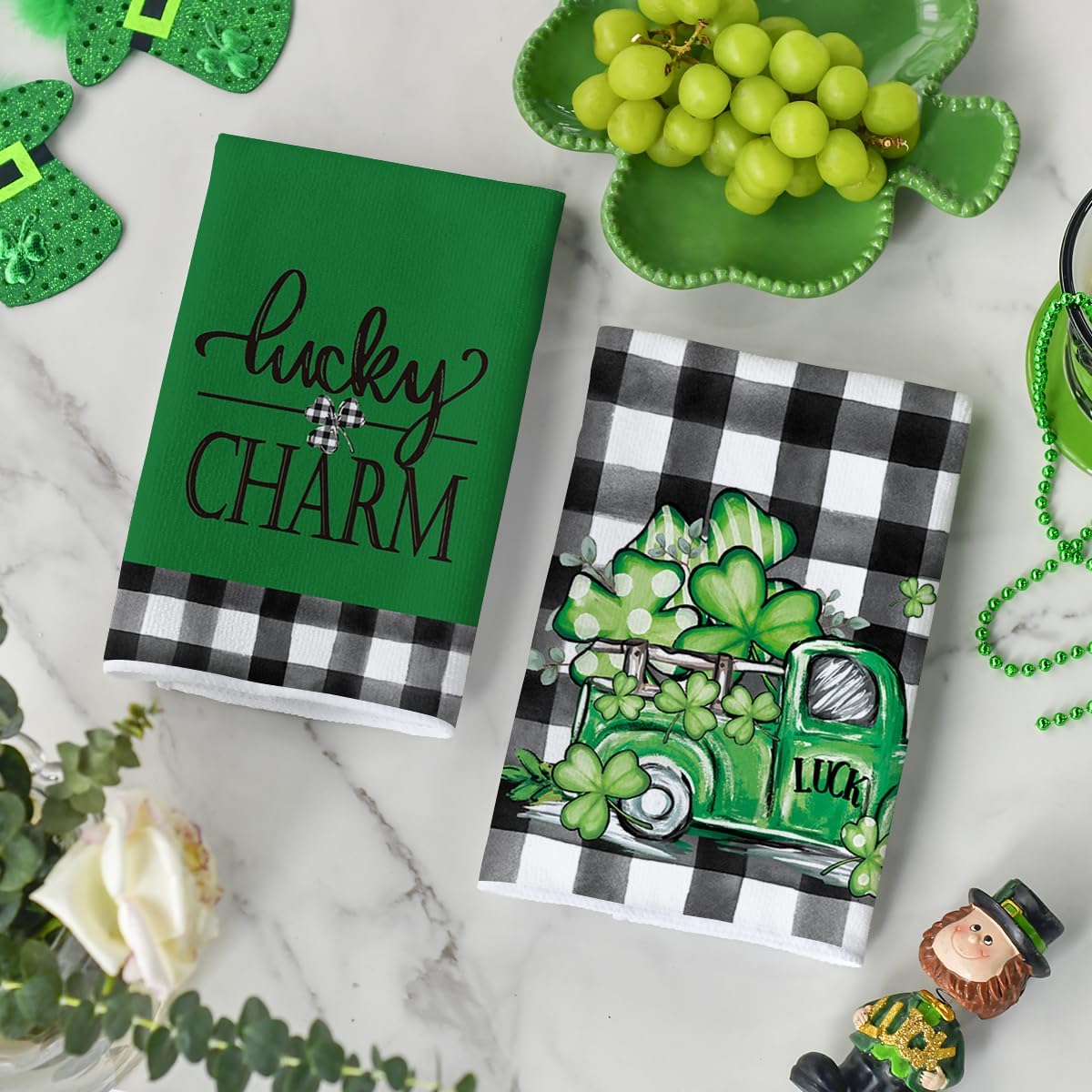 Artoid Mode Buffalo Plaid Shamrocks Lucky Truck St. Patrick's Day Kitchen Towels Dish Towels, 18x26 Inch Seasonal Spring Decoration Hand Towels Set of 4