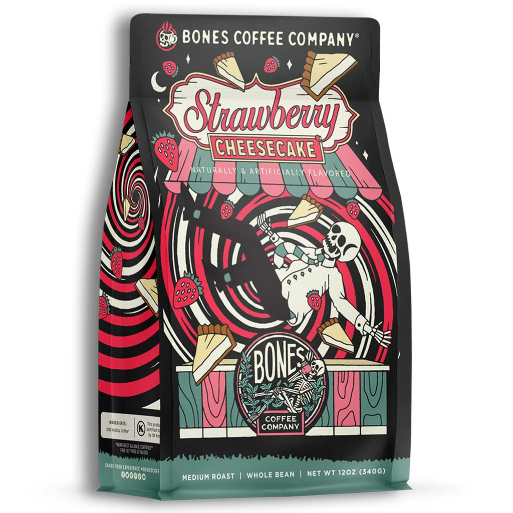 Bones Coffee Company Highland Grog, Butterscotch Caramel Flavored Coffee, Medium Roast Low Acid Arabica Beans Compatible with Auto drip and French Press Coffee Maker, 12 Oz Whole Bean