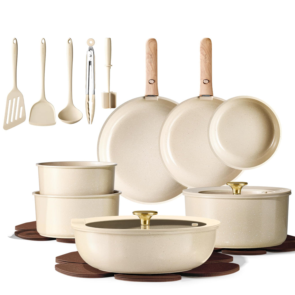 CAROTE 22PCS Pots and Pans set Non Stick, Ceramic Cookware Set, RV Kitchen Cooking Set Removable Handles, Oven Safe, Induction Coolware, Non-toxic Kitchen Cooking Set, PFAS and PFOA Free
