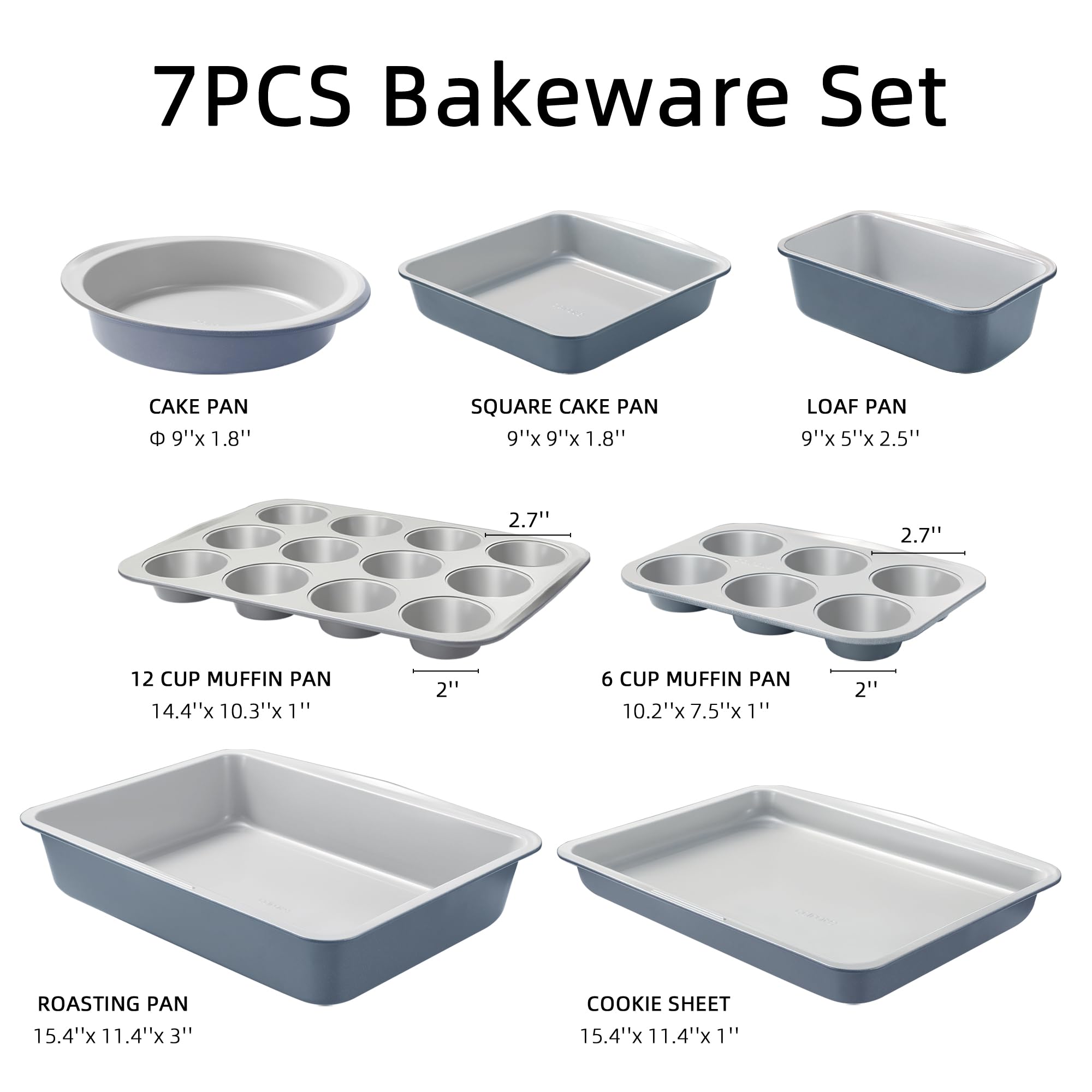 CAROTE 7-Piece Nonstick Stackable Baking Pans Set - Bakeware Sets Including Cookie Sheets for Baking, Muffin Pan, Bread Pan, Cake pan, Loaf Pan, Roasting Pan, Gray & Khaki