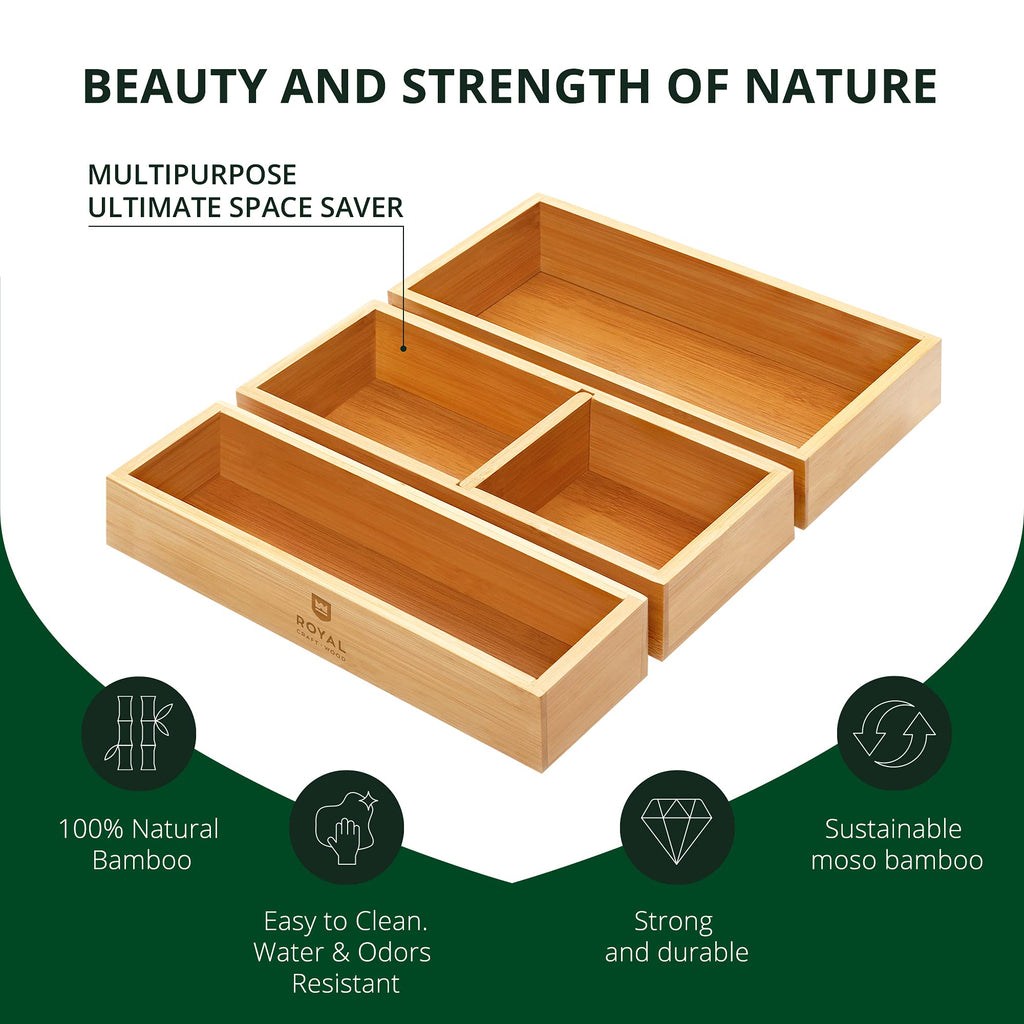 ROYAL CRAFT WOOD 5-Piece Bamboo Drawer Organizer Set – Multi-Use Storage Trays for Kitchen, Bathroom, Office, Makeup, Jewelry & More – Junk Drawer Tray, Utensil Holder, Storage Box & Bin Set (5 Boxes)