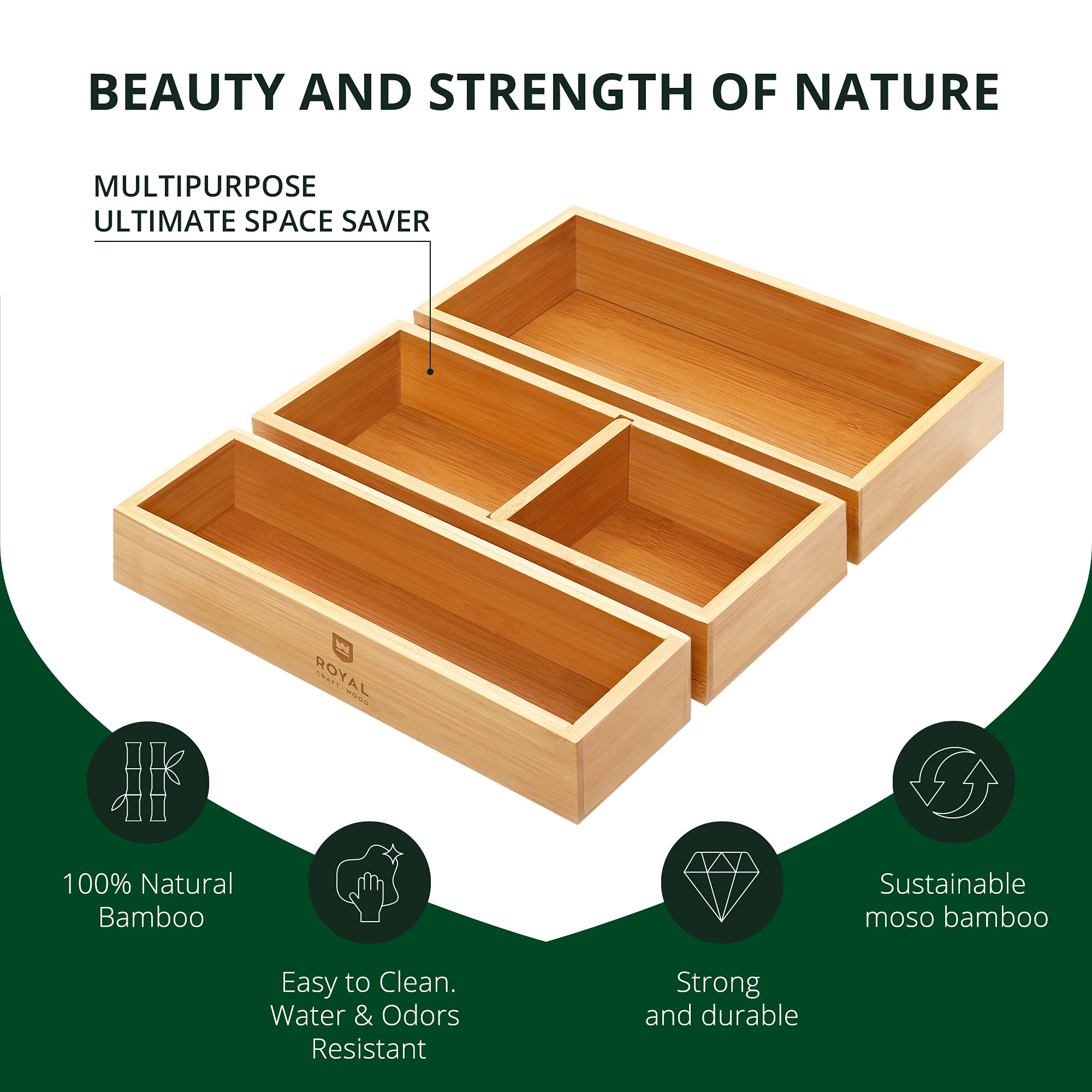 ROYAL CRAFT WOOD 5-Piece Bamboo Drawer Organizer Set – Multi-Use Storage Trays for Kitchen, Bathroom, Office, Makeup, Jewelry & More – Junk Drawer Tray, Utensil Holder, Storage Box & Bin Set (5 Boxes)