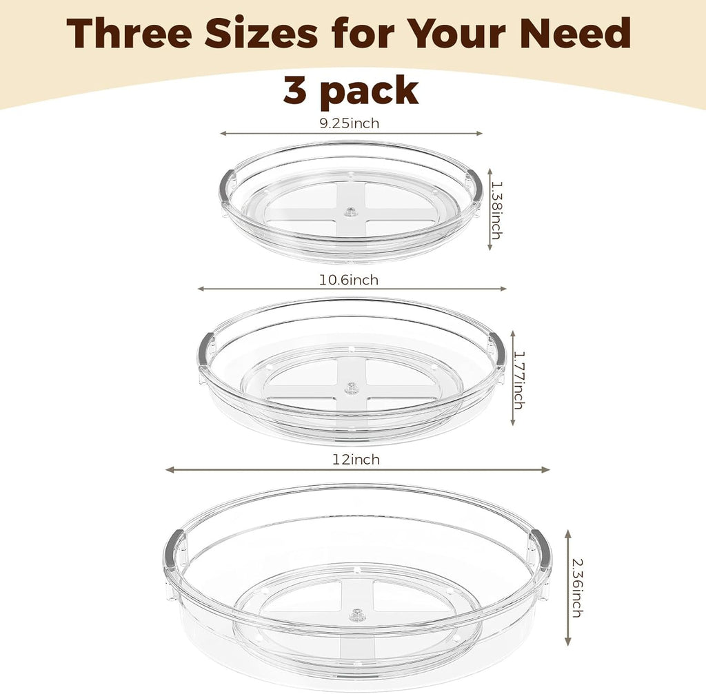 3 Pack Clear Lazy Susan Turntable Organizer for Cabinet, Table Top, Refrigerator, Kitchen Pantry Organizers and Storage, Spice Organizer, 12'', 10.6'', 9.25''