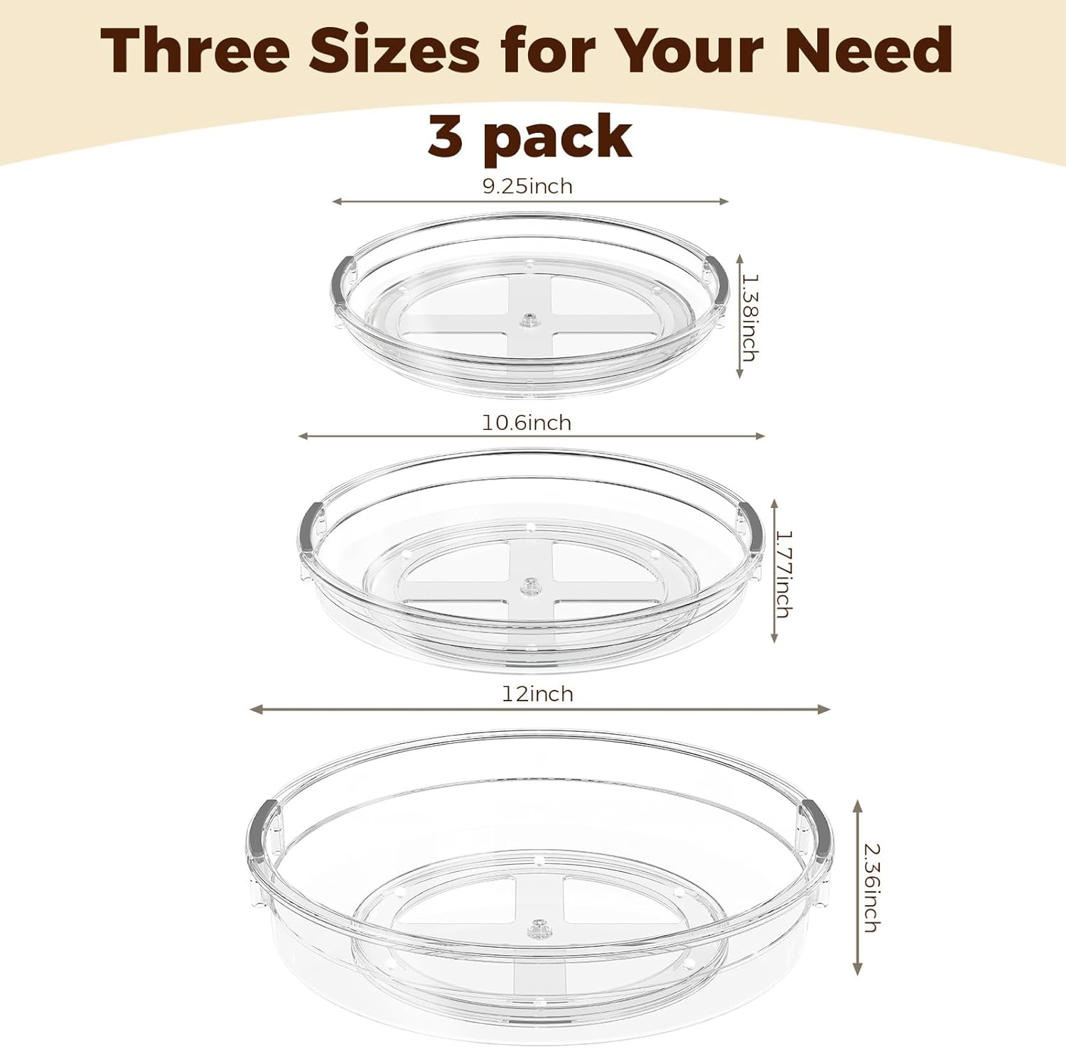 3 Pack Clear Lazy Susan Turntable Organizer for Cabinet, Table Top, Refrigerator, Kitchen Pantry Organizers and Storage, Spice Organizer, 12'', 10.6'', 9.25''