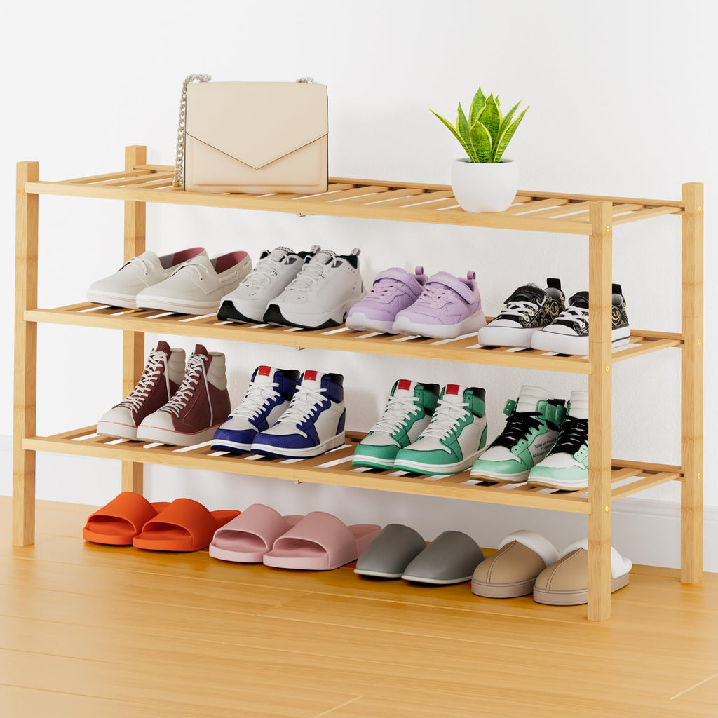 Smiry Shoe Rack, 3 Tier Bamboo Shoe Organizer, Stackable Free Standing Wooden Shoe Storage Shelf for Closet, Entryway, Front Door Entrance, Natural