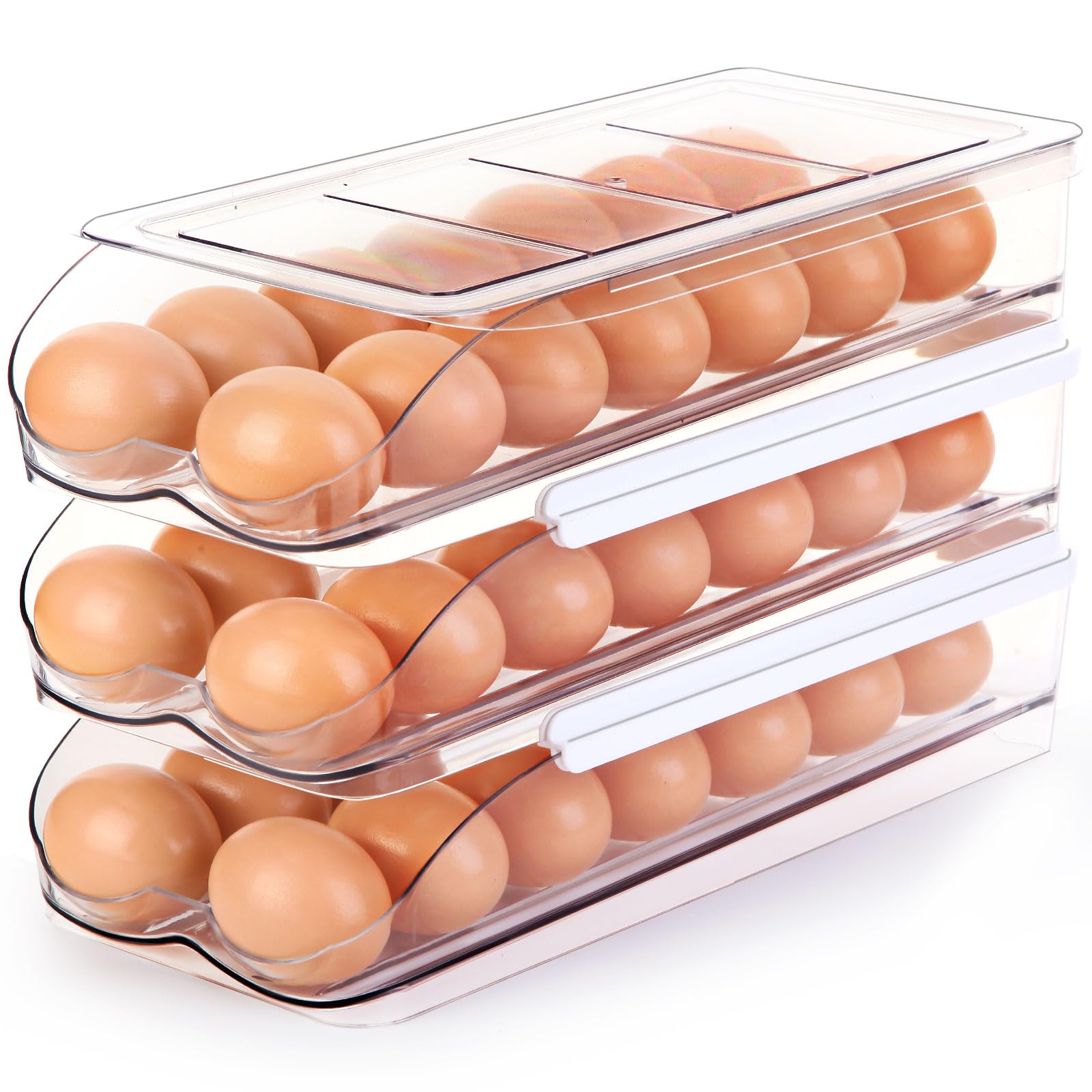 Egg Holder for Fridge, Automatic Rolling Egg Container for Refrigerator, Stackable Fridge Organizers and Storage with Lid, Clear Plastic Egg Dispenser & Tray (2 Tier)