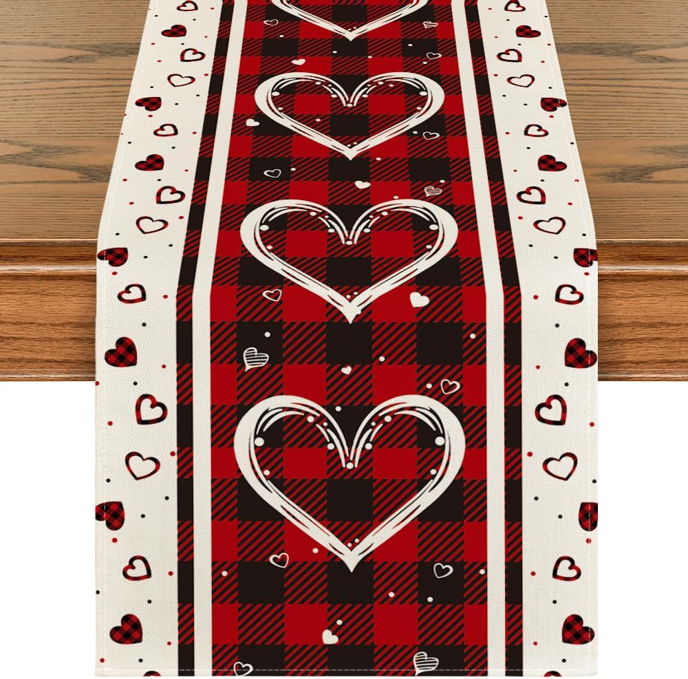 Artoid Mode Buffalo Plaid Love Hearts Valentine's Day Table Runner, Seasonal Kitchen Dining Table Decoration for Indoor Home Party 13x72 Inch