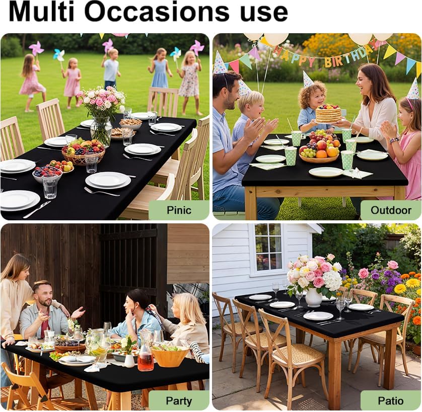 Smiry Rectangle Table Cloth, Waterproof Elastic Fitted Tablecloths for 6 Foot Tables, Washable Polyester Table Cover for Picnic, Camping, Outdoor (Black, 30"x72")