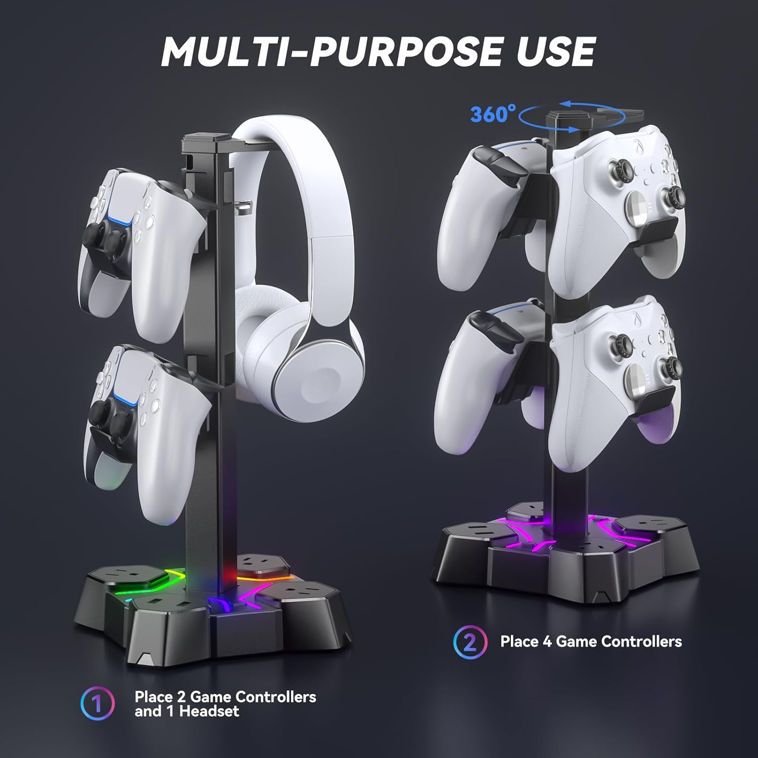 KDD Headphone Stand & Controller Holder for Desk & RGB Headphone Stand with USB Charger - Headphone Holder with 2 USB Charging Ports and 3 AC Outlets