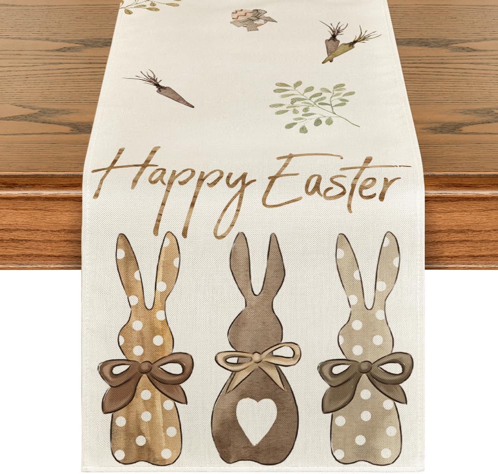 Artoid Mode Carrots Rabbit Bunny Happy Easter Table Runner, Spring Summer Seasonal Holiday Kitchen Dining Table Decoration for Indoor Outdoor Home Party Decor 13 x 72 Inch