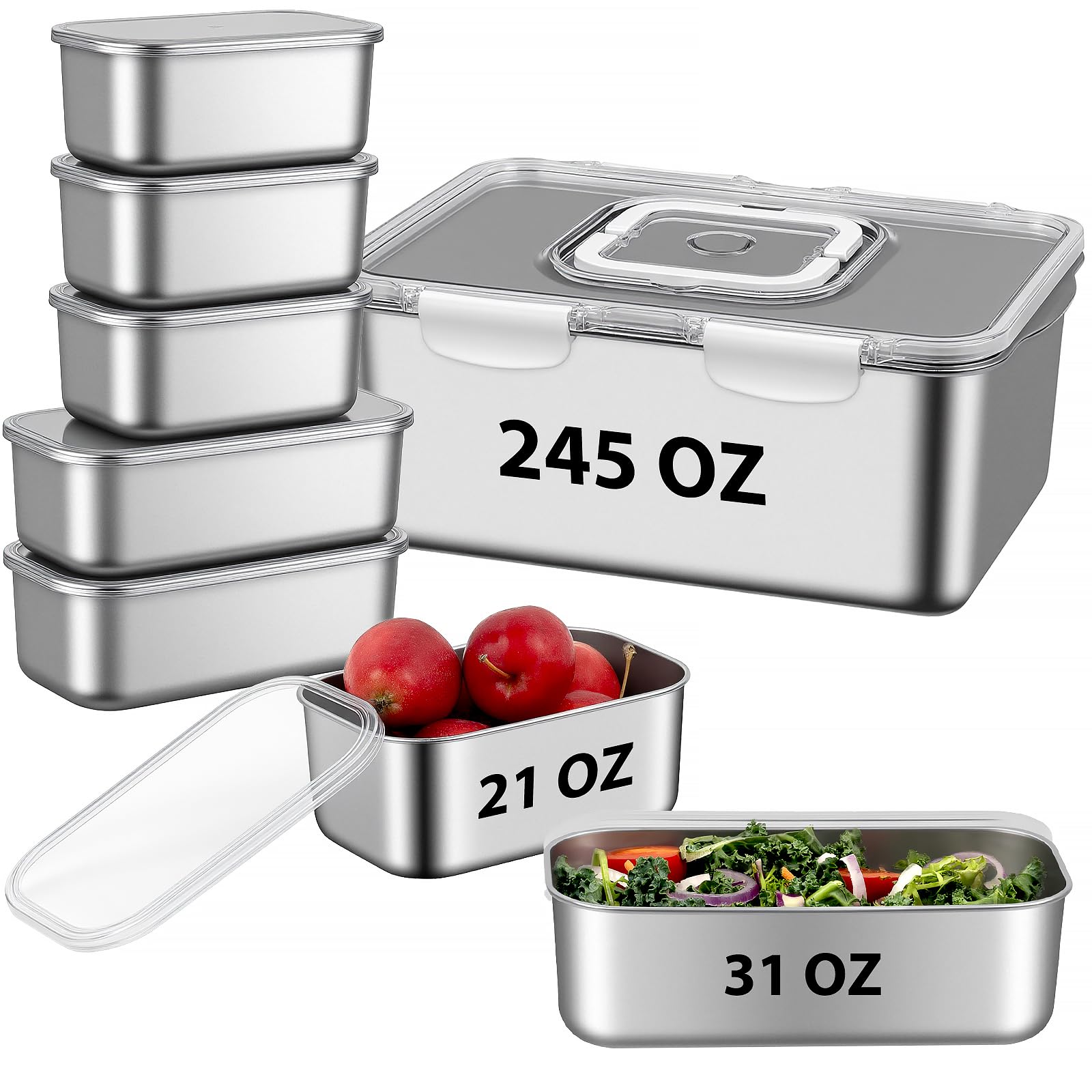 8 PCS Large Stainless Steel Food Storage Containers with Lids, 3 Sizes Meal Prep Containers Set for Vegetables, Fruits, Snacks, Roasting Chicken, Lasagna, BPA Free and Oven Safe (245oz, 31oz, 21oz)