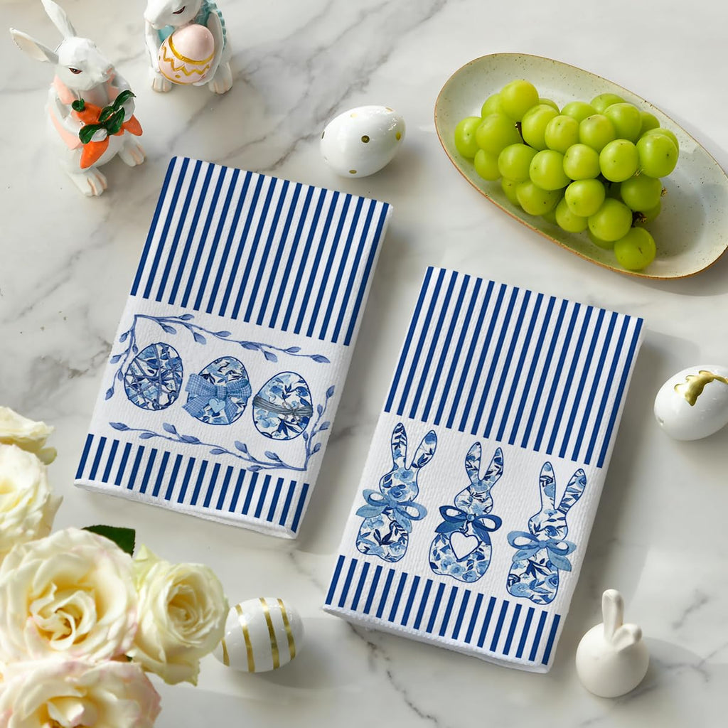 Artoid Mode Stripe Rabbit Bunny Eggs Easter Kitchen Towels Dish Towels, 18x26 Inch Spring Decoration Hand Towels Set of 2