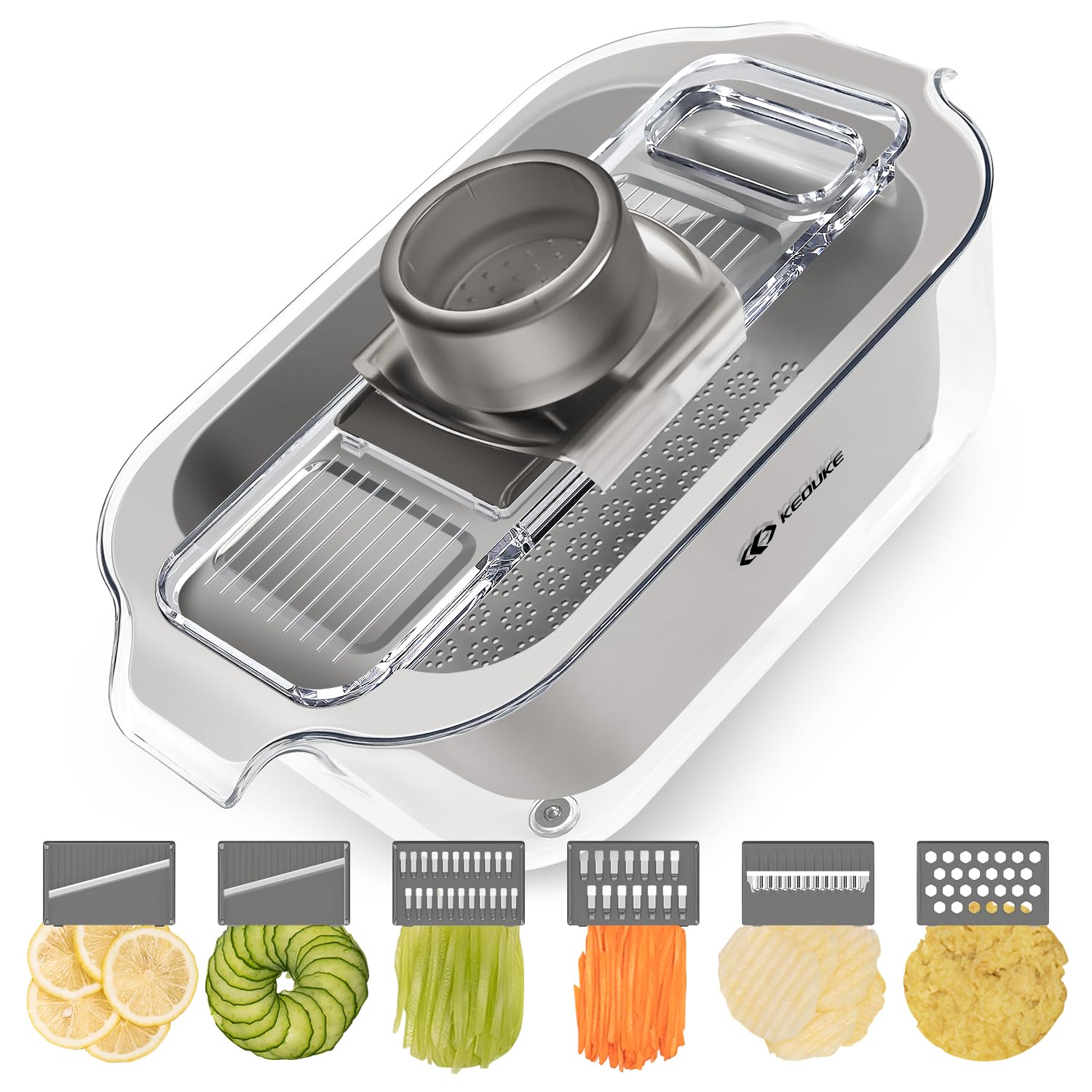 KEOUKE Transparent Multifunctional Mandoline Slicer - 6 Blades Interchangeable, Handheld Vegetable Cutter with Hand Guard for Kitchen, Onion, Garlic, Safe Food Slicer