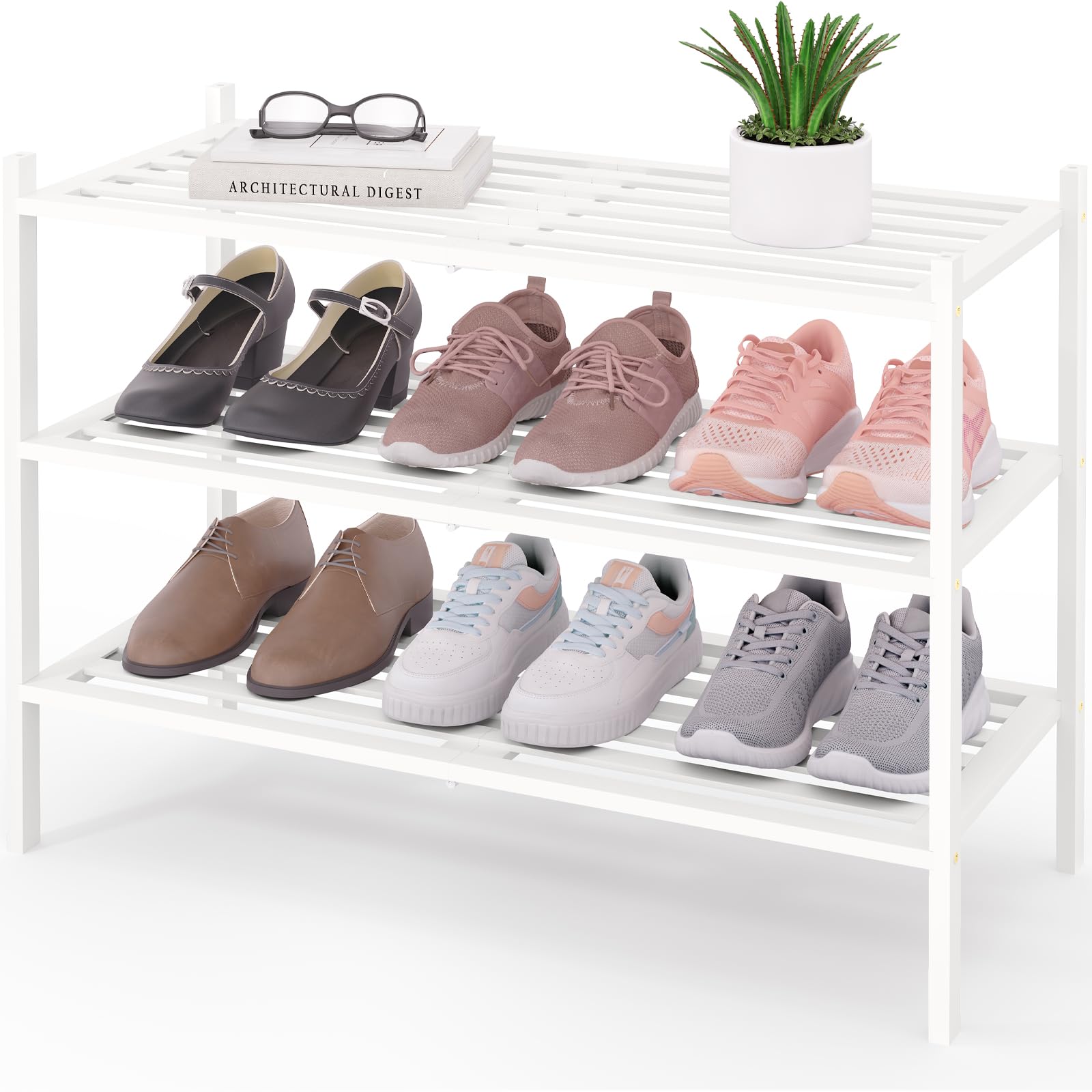 Smiry Bamboo Shoe Rack 3-Tier, Stackable Wooden Shoe Organizer for Entryway & Closet, Free Standing Wood Shoe Storage Shelf for Front Door & Small Spaces, Natural