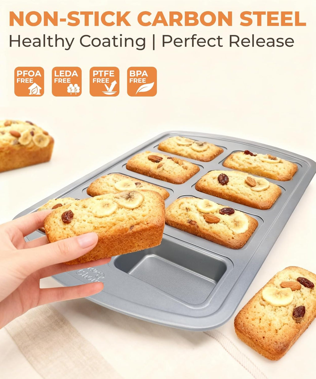 Mini Loaf Pan, 8-Cavity Non-Stick Carbon Steel Baking Pans Set for Banana Bread, Cornbread, Cheesecake, Muffins, Pound Cake, Small Meatloaf, Bread Pan