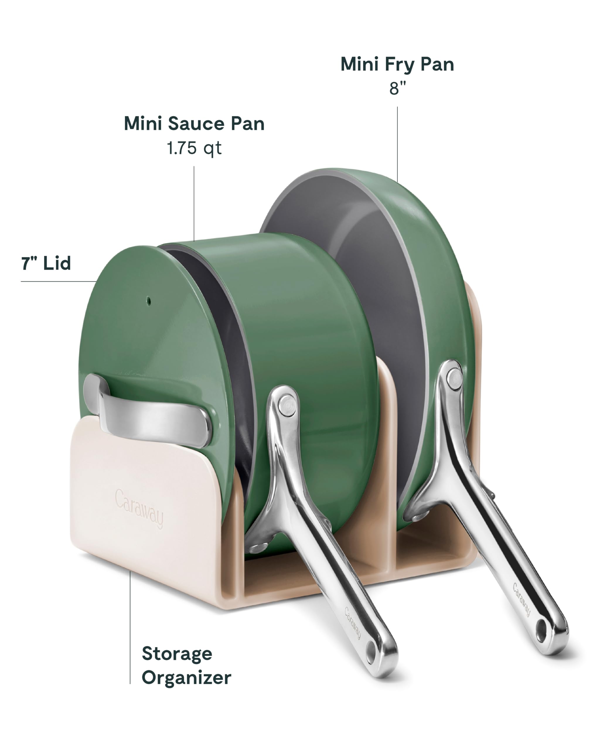 Caraway Mini Cookware Set - Non-Stick Ceramic Fry Pan (1.05 qt, 8") Sauce Pan (1.75 qt) & Storage Rack - Non Toxic, PTFE & PFOA Free - Oven Safe & Stovetop Agnostic (Gas, Electric & Induction) - Cream