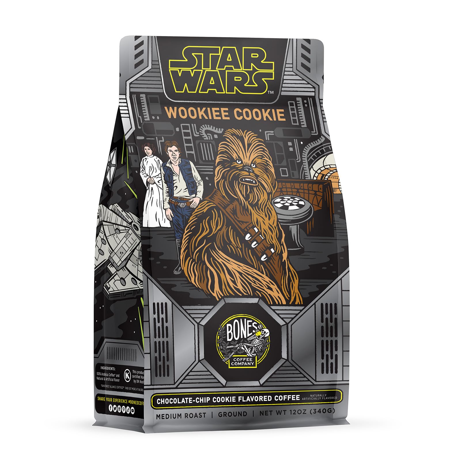 Bones Coffee Company Star Wars Wookiee Cookie Chocolate Chip Cookie Flavored Coffee, Medium Roast Low Acid Arabica Beans Compatible with Auto drip and French Press Coffee Maker, 12 Oz Ground