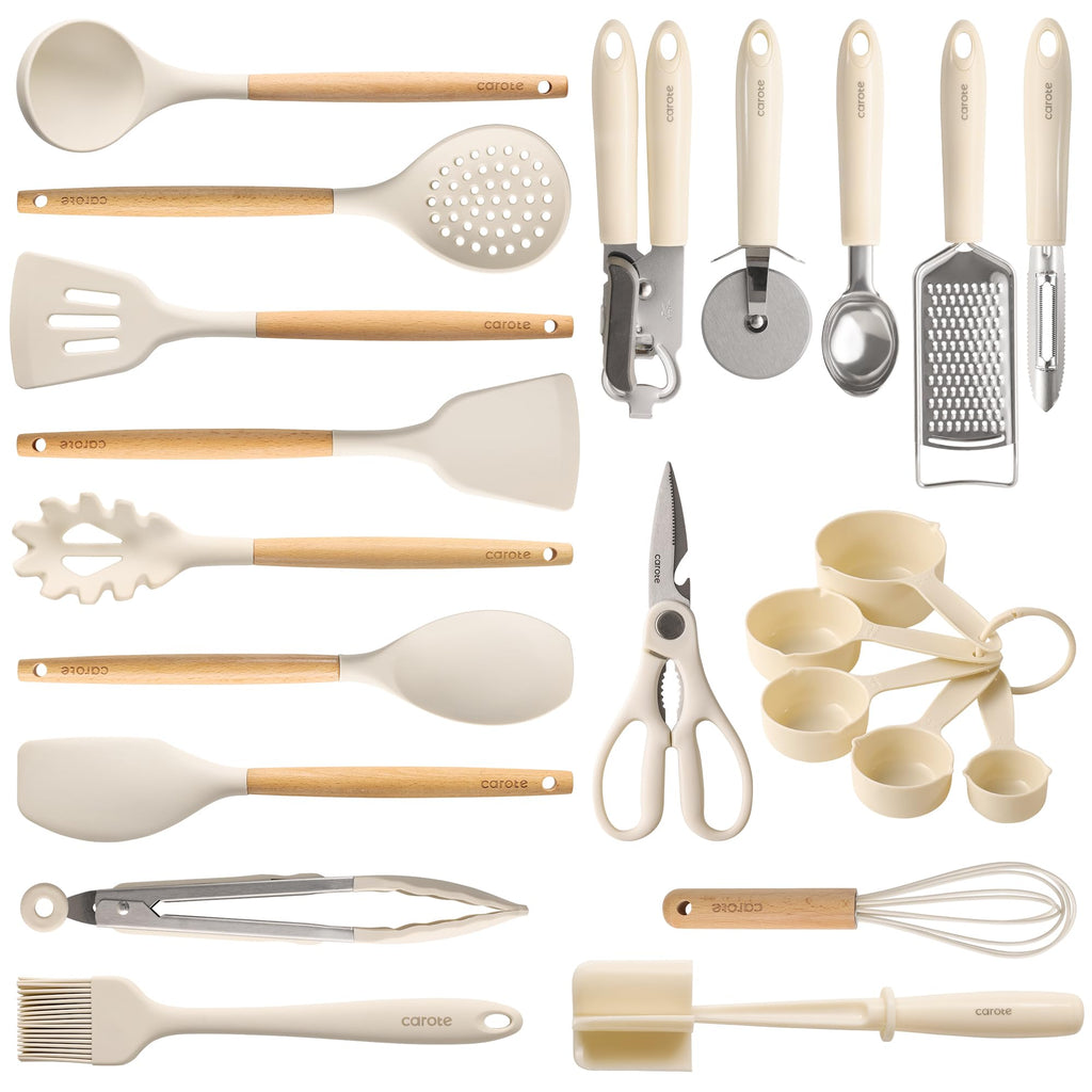 CAROTE Silicone Cooking Utensils Set for Nonstick Cookware, 446°F Heat Resistant Kitchen Utensil Set with Wooden Handle 10pcs, Spatula, Turner, Spoon, Tongs, Whisk