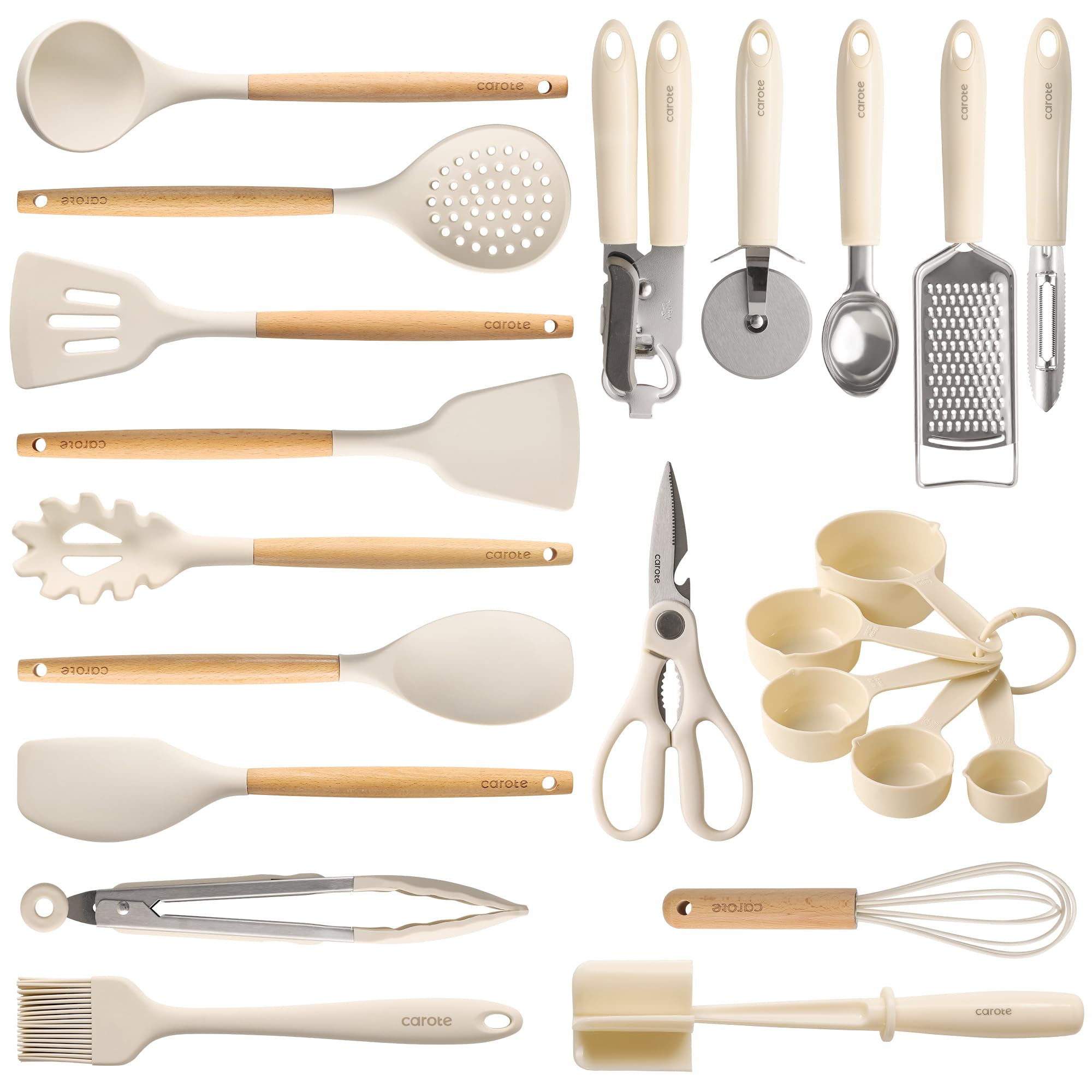 CAROTE Silicone Cooking Utensils Set for Nonstick Cookware, 446°F Heat Resistant Kitchen Utensil Set with Wooden Handle 10pcs, Spatula, Turner, Spoon, Tongs, Whisk