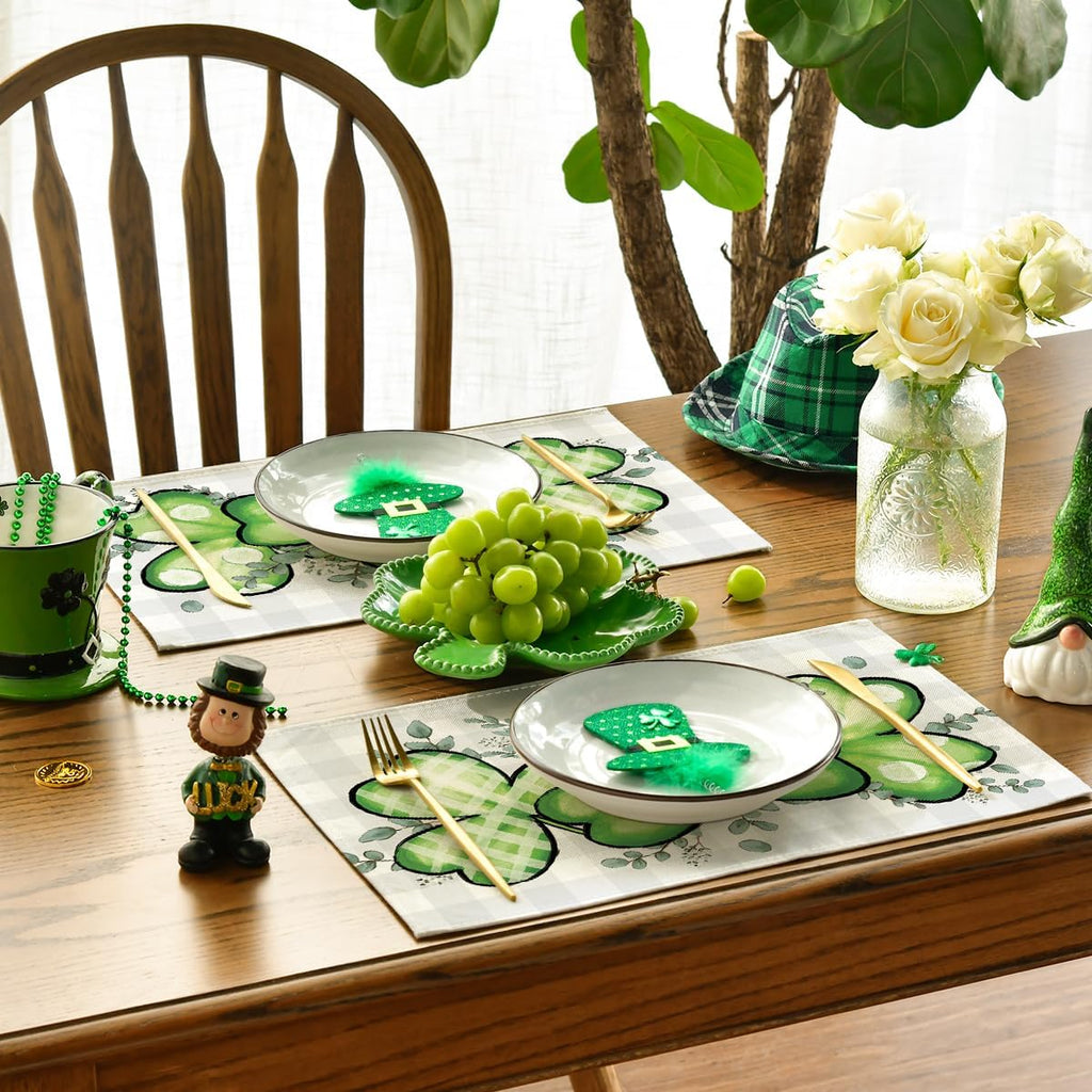 Artoid Mode Bufflao Plaid Shamrock St. Patrick's Day Placemats Set of 4, 12x18 Inch Seasonal Spring Table Mats for Party Kitchen Dining Decoration