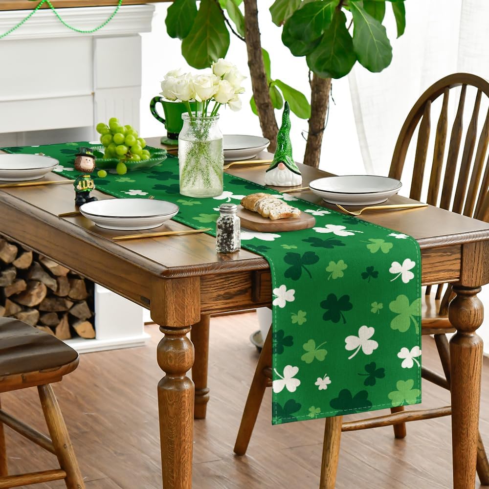 Artoid Mode Green Shamrock St. Patrick's Day Table Runner, Seasonal Spring Kitchen Dining Table Decoration for Home Party Decor 13x72 Inch