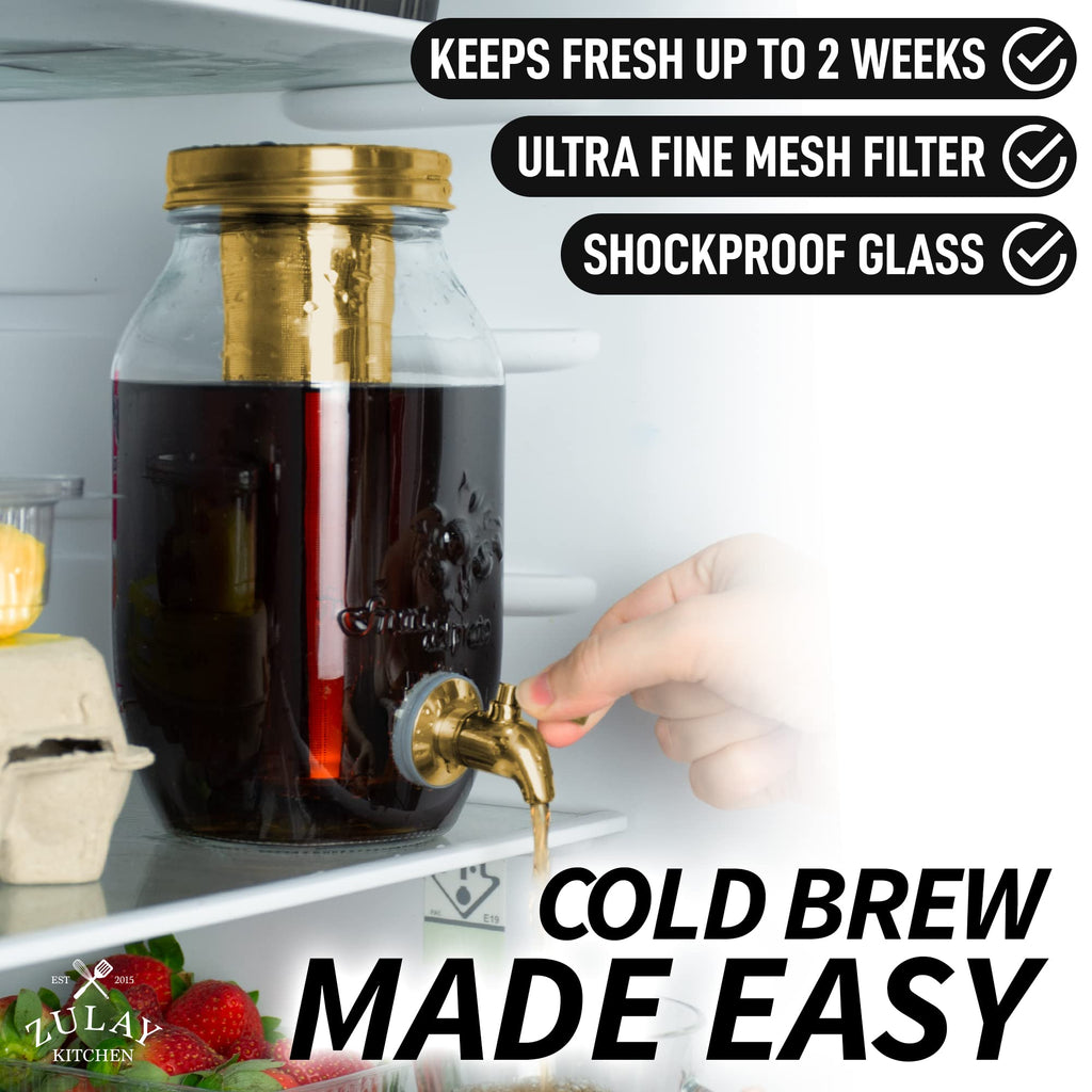 Zulay 1 Gallon/128oz Cold Brew Coffee Maker – Thick Glass Pitcher with Stainless Steel Filter, Lid & Spout – Large Mason Jar Container Dispenser - Iced Coffee & Sun Tea Brewer for Fridge – Silver