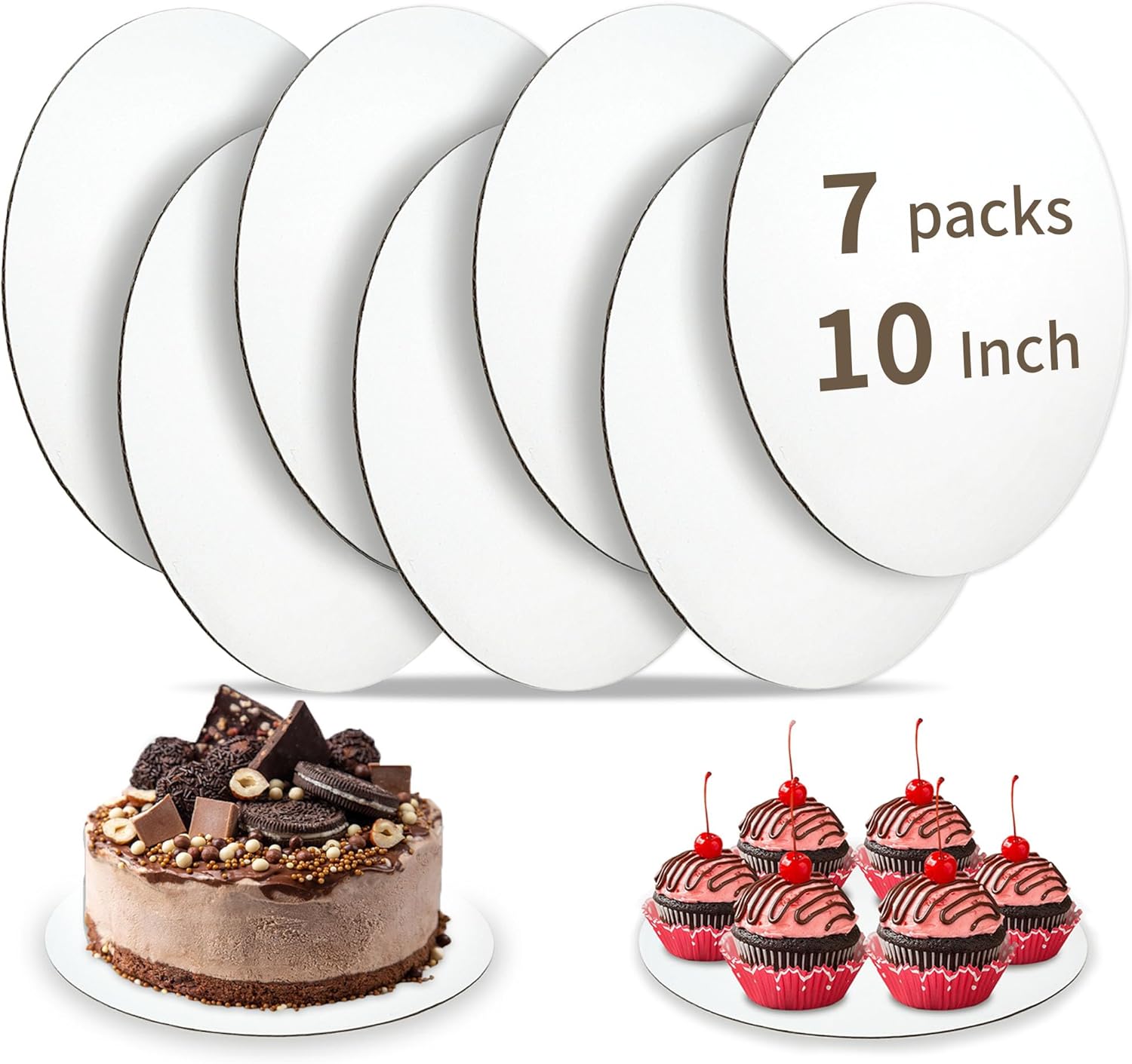 Cake Boards 10 inch Round, 7 Pack Food-Graded Cardboard Cake Rounds, Waterproof and Oil-Proof Cake Plates, Sturdy Corrugated Cake Base, Ideal for Baking, Cake DIY, Dessert and Crafting