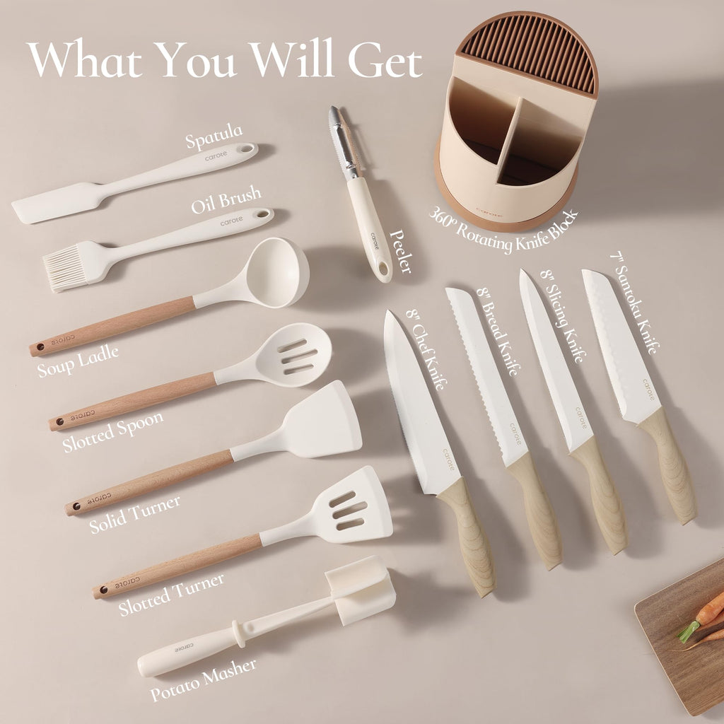 CAROTE Silicone Cooking Utensils Set for Nonstick Cookware, 446°F Heat Resistant Kitchen Utensil Set with Wooden Handle 10pcs, Spatula, Turner, Spoon, Tongs, Whisk