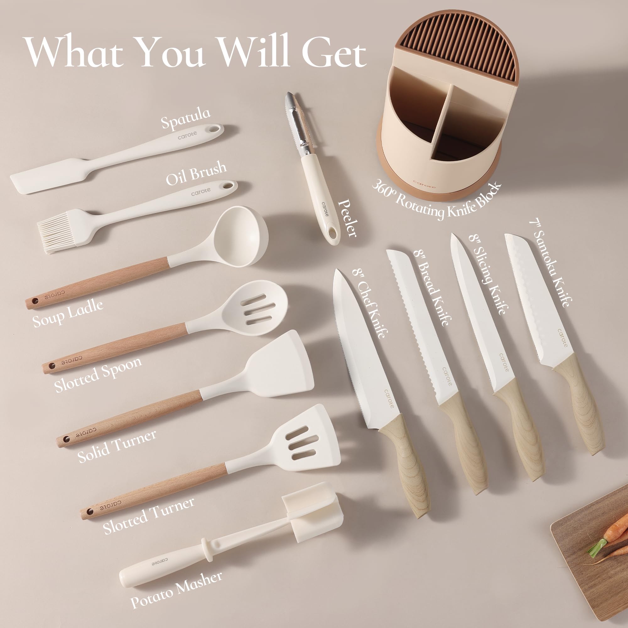 CAROTE Silicone Cooking Utensils Set for Nonstick Cookware, 446°F Heat Resistant Kitchen Utensil Set with Wooden Handle 10pcs, Spatula, Turner, Spoon, Tongs, Whisk