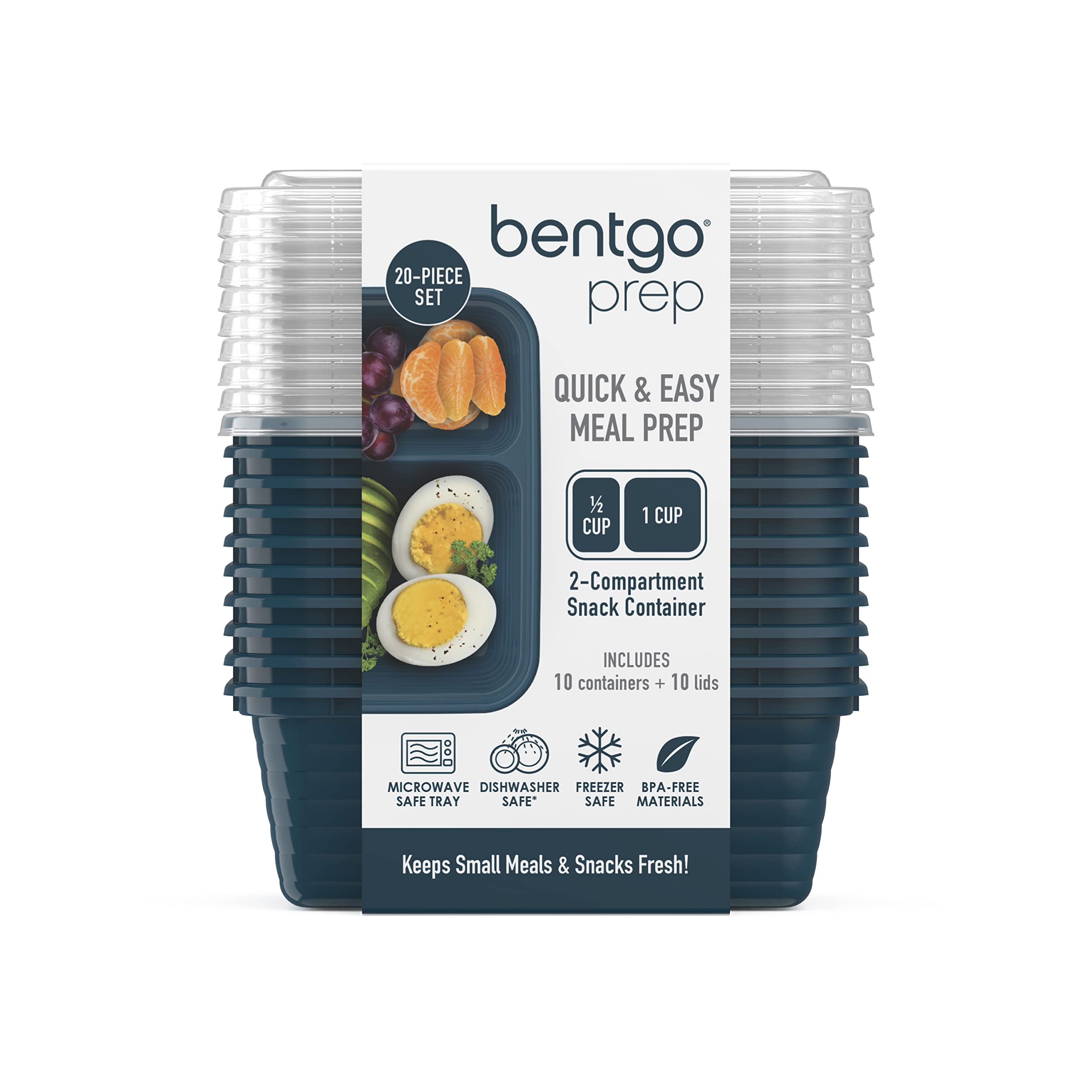 Bentgo Prep - 2-Compartment Snack Containers with Lids - Reusable, Microwaveable, Durable, PFAS & BPA-Free, Freezer, & Dishwasher-Safe Meal Prep Food Storage - 10 Trays & 10 Lids (Basil Glitter)