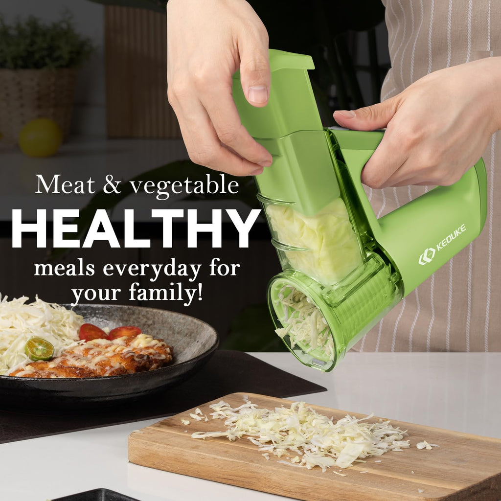 KEOUKE Electric Handheld Salad Shooter Green - Cordless Rechargeable Kitchen Vegetabler Cutter One Touch Control, Slicing, Shredding, Ice Shaving, 4 Blades, Dual Storage Cups, Overheat Protection
