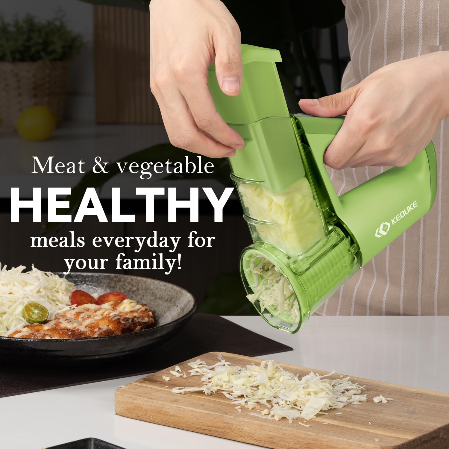 KEOUKE Electric Handheld Salad Shooter Green - Cordless Rechargeable Kitchen Vegetabler Cutter One Touch Control, Slicing, Shredding, Ice Shaving, 4 Blades, Dual Storage Cups, Overheat Protection