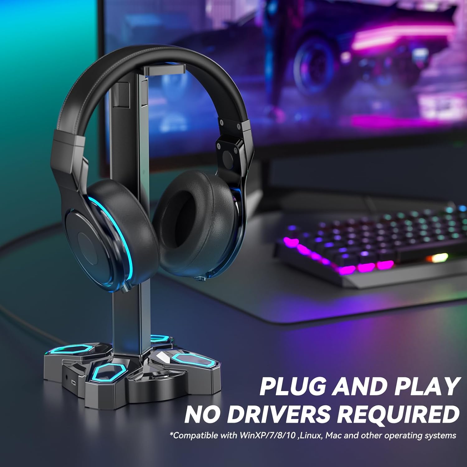 KDD Gaming RGB Headphones Stand, Rotatable Headset Stand with 9 Light Modes - Controller Holder with 2 USB Charging Ports and 3.5mm - Earphone Hanger Accessories for Desktop Gamer