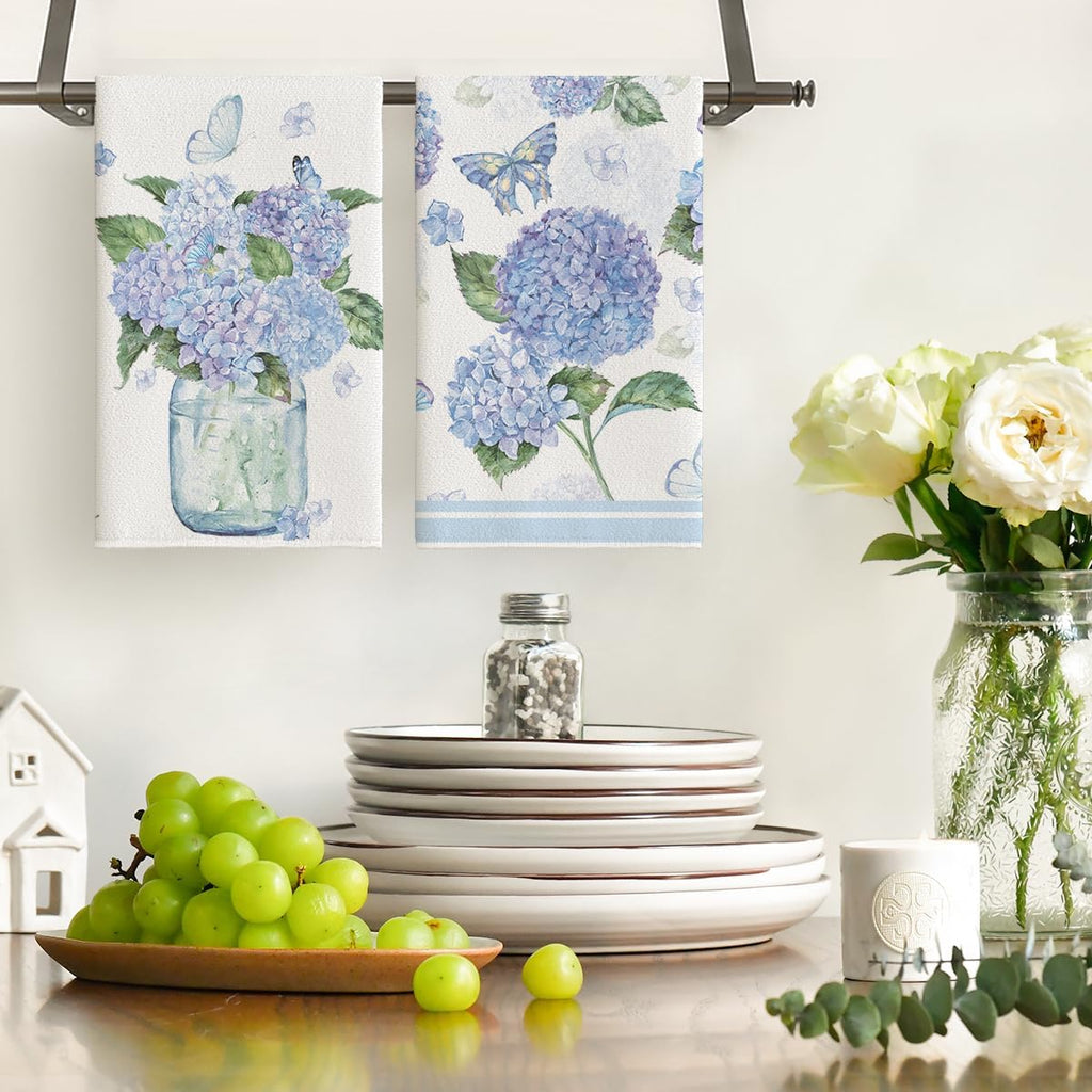 Artoid Mode Hydrangea Vase Butterfly Spring Kitchen Towels Dish Towels, 18x26 Inch Summer Flowers Holiday Decoration Hand Towels Set of 2