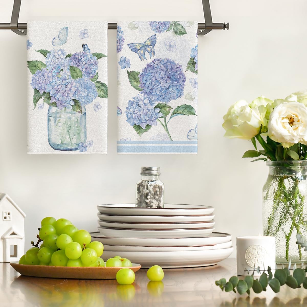 Artoid Mode Hydrangea Vase Butterfly Spring Kitchen Towels Dish Towels, 18x26 Inch Summer Flowers Holiday Decoration Hand Towels Set of 2