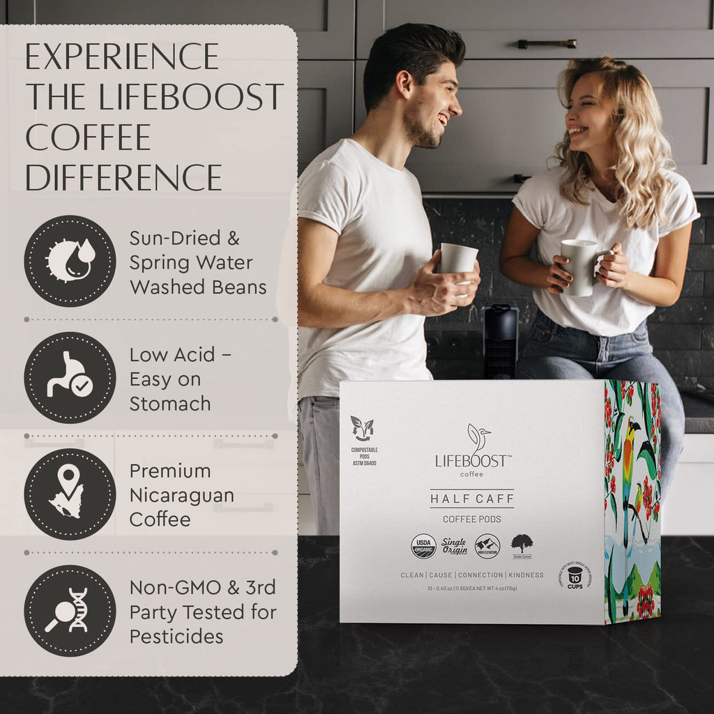 Lifeboost Medium Roast Low Acid Coffee K Cups - Single Origin Mold Free Non-GMO Organic Coffee Pods - Compatible with Keurig & Keurig 2 Machines - 10 Count