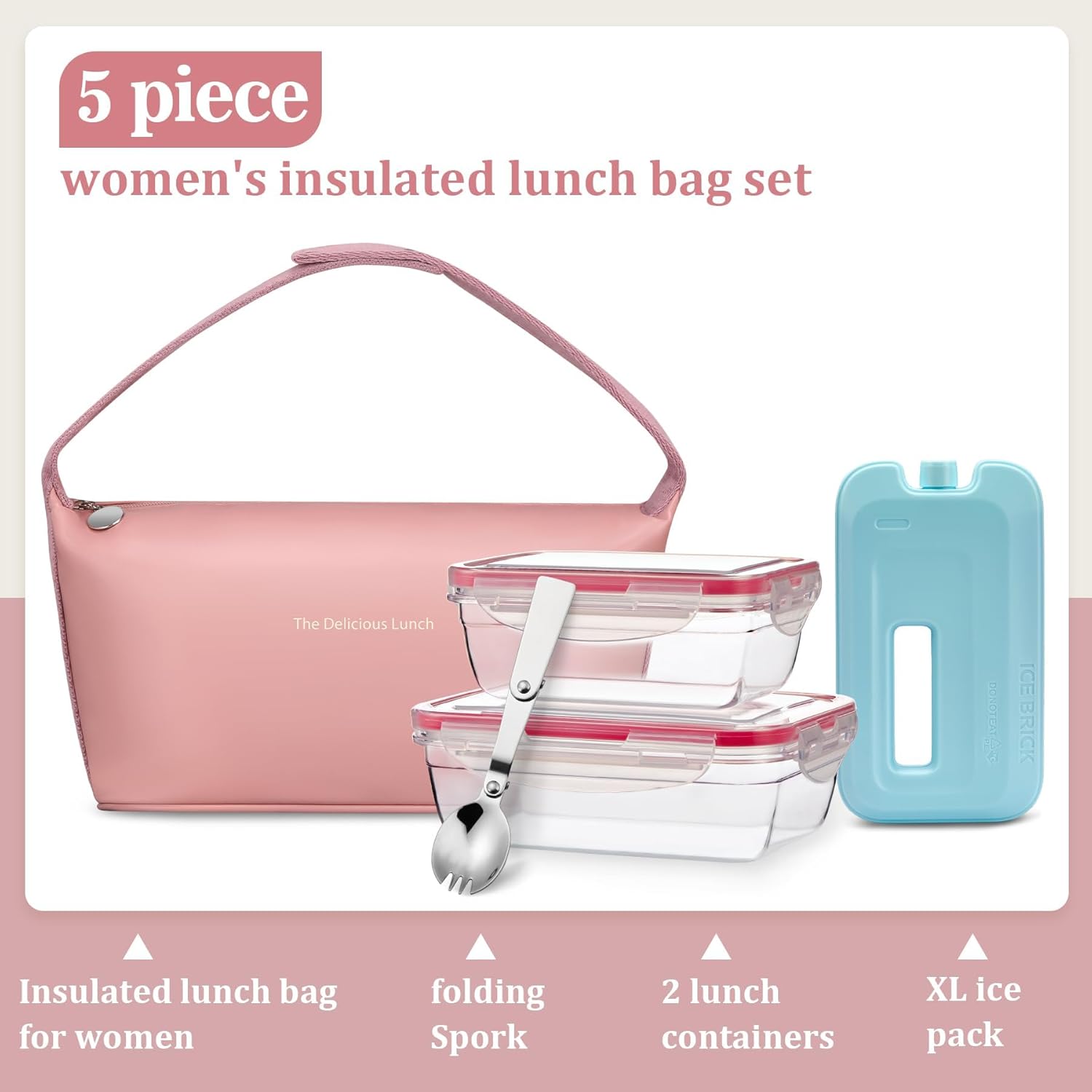 Lunch Bag Set For Women Insulated Leather Woman Lunch Bag With 2 Lunch Box Containers Spoon and Ice Pack Leakproof Reusable High Capacity Lunch Tote Bags for Work, Travel, Outdoor